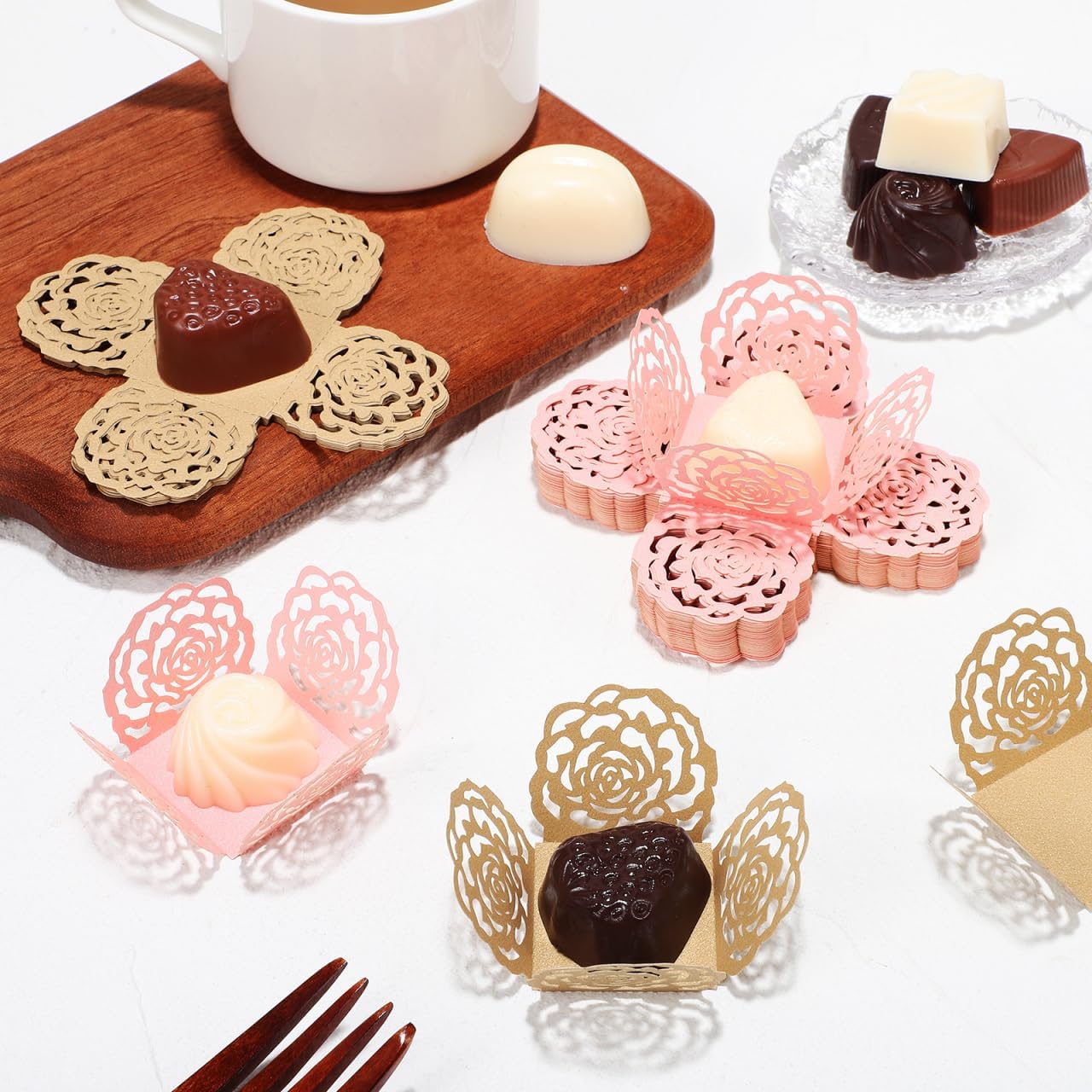 Amosfun 100Pcs Chocolate Truffle Wrappers Hollowed Flower Design Mini Baking Cups Paper Liners for Weddings Birthdays Party Supply Cupcake Candy Treats 1.37 x 1.37 x 1.3 Inch