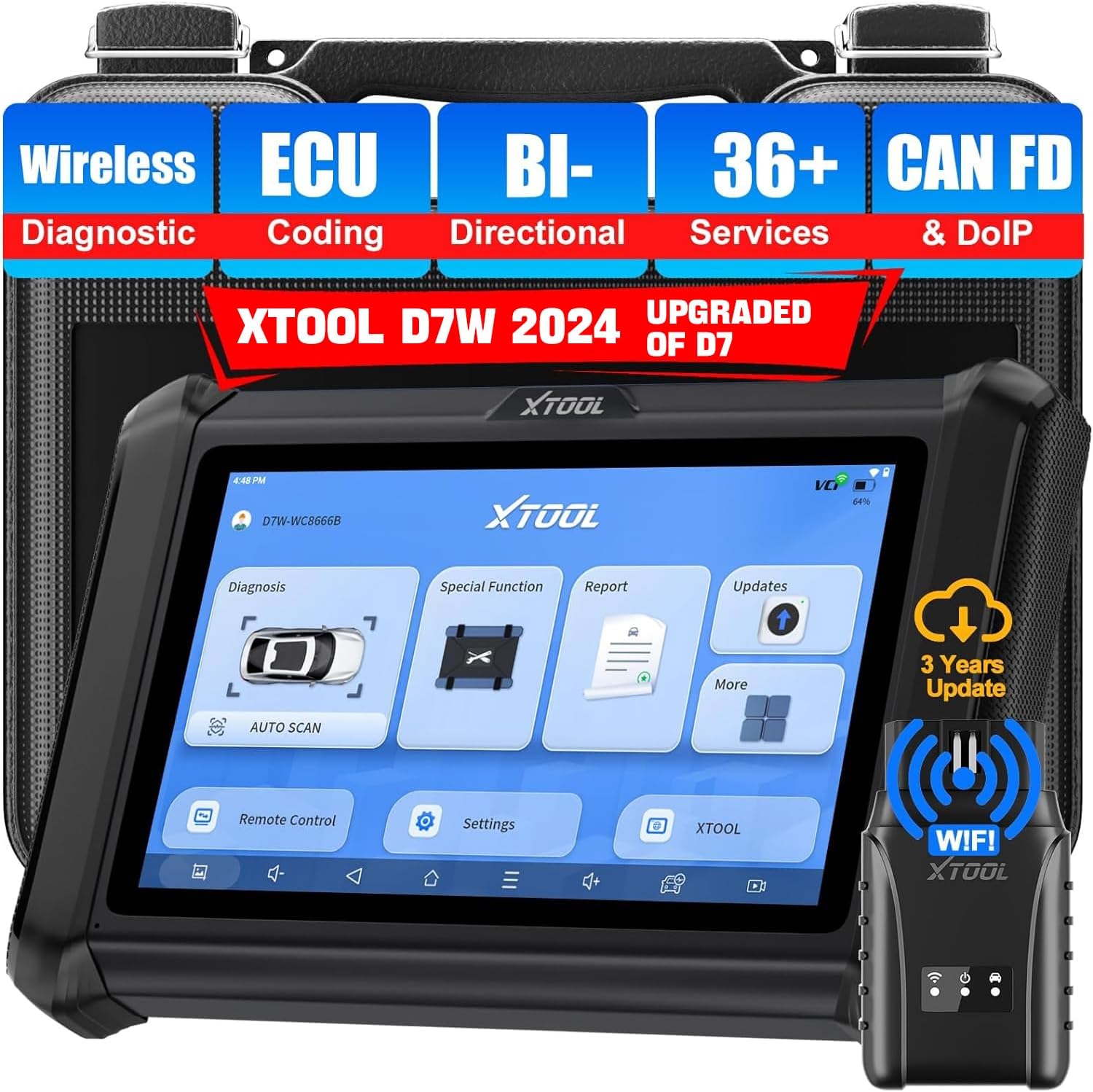 XtoolD7W Wireless OBD2 Diagnostic Tool Car with OE Level All System Diagnostics, 39+ Reset, 4000+ Bidirectional Test, Online/Offline ECU Coding, CANFD/DOIP/FCA, V.A.G-Guided, PMI, 3 Year Update