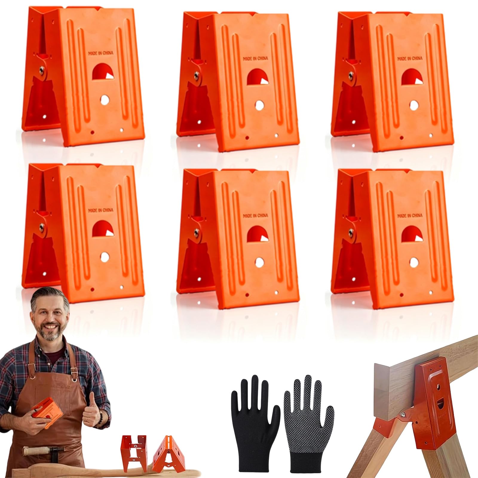 Heavy-Duty Sawhorse Bracket with Down Clamp, Angle Cold Rolled Steel Saw Horse Holder with Anti-Slip Grip, Adjustable Mechanical Sawhorse Brackets, for Woodworking & DIY (6-Orange)