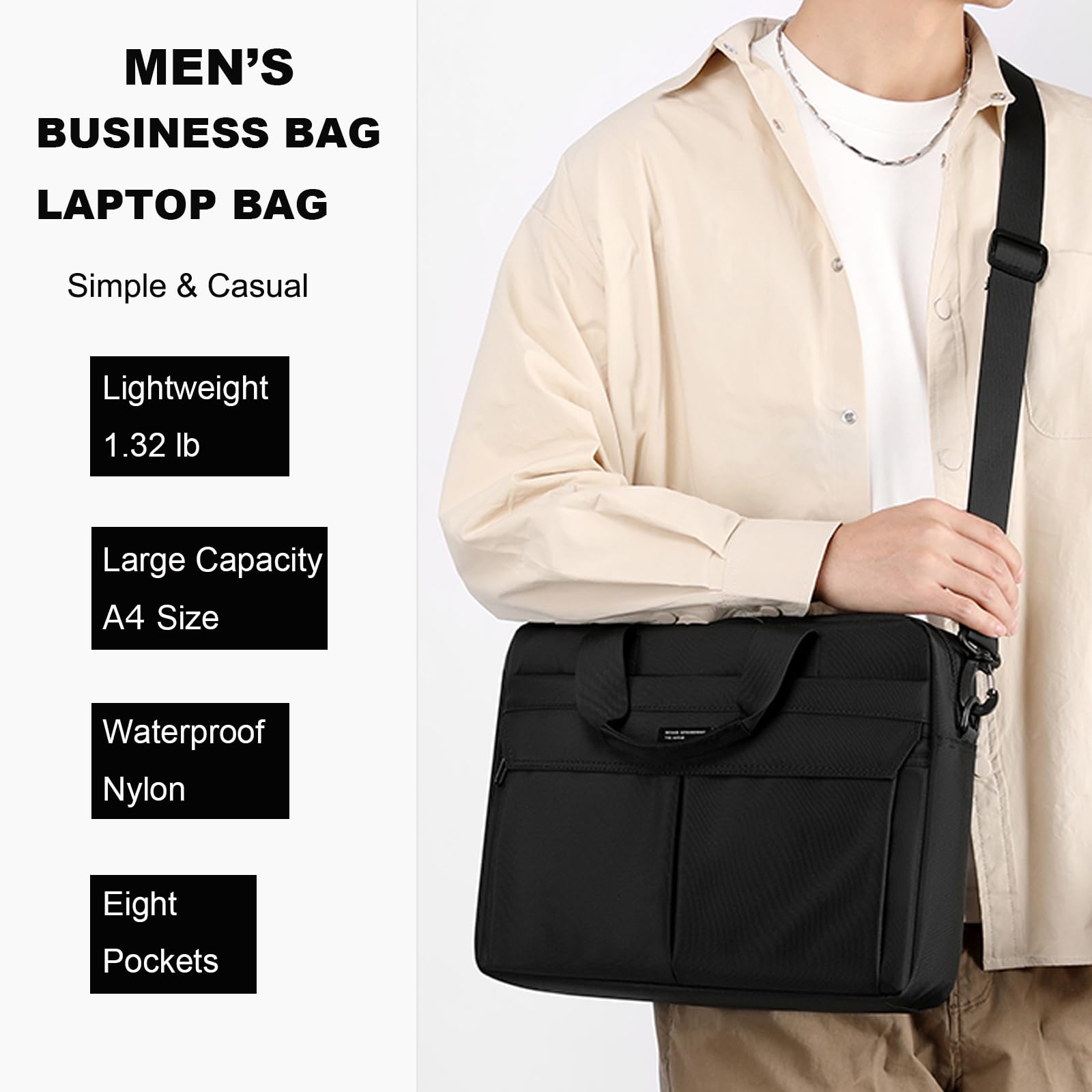 Laptop Bag 14 Inch Briefcase for Men Women Waterproof Nylon Lightweight Compact, Shoulder Messenger Handbag for Business Office Work Travel College Black