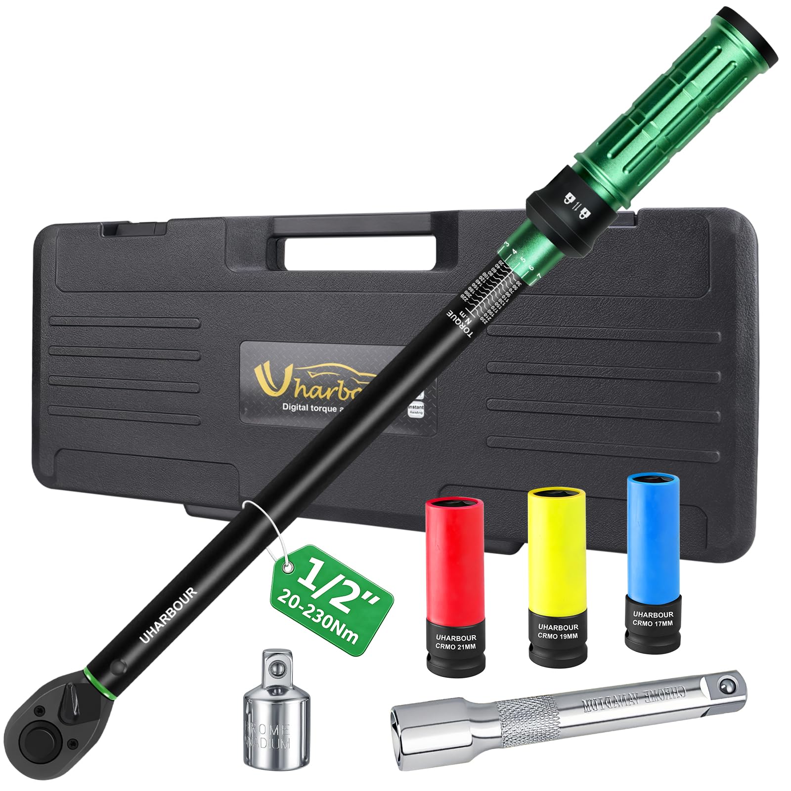 Uharbour Juego de Llaves Dinamométricas 1/2" 20-230 Nm para Coche – Incluye Tres Enchufes para Tuercas de Lengüeta