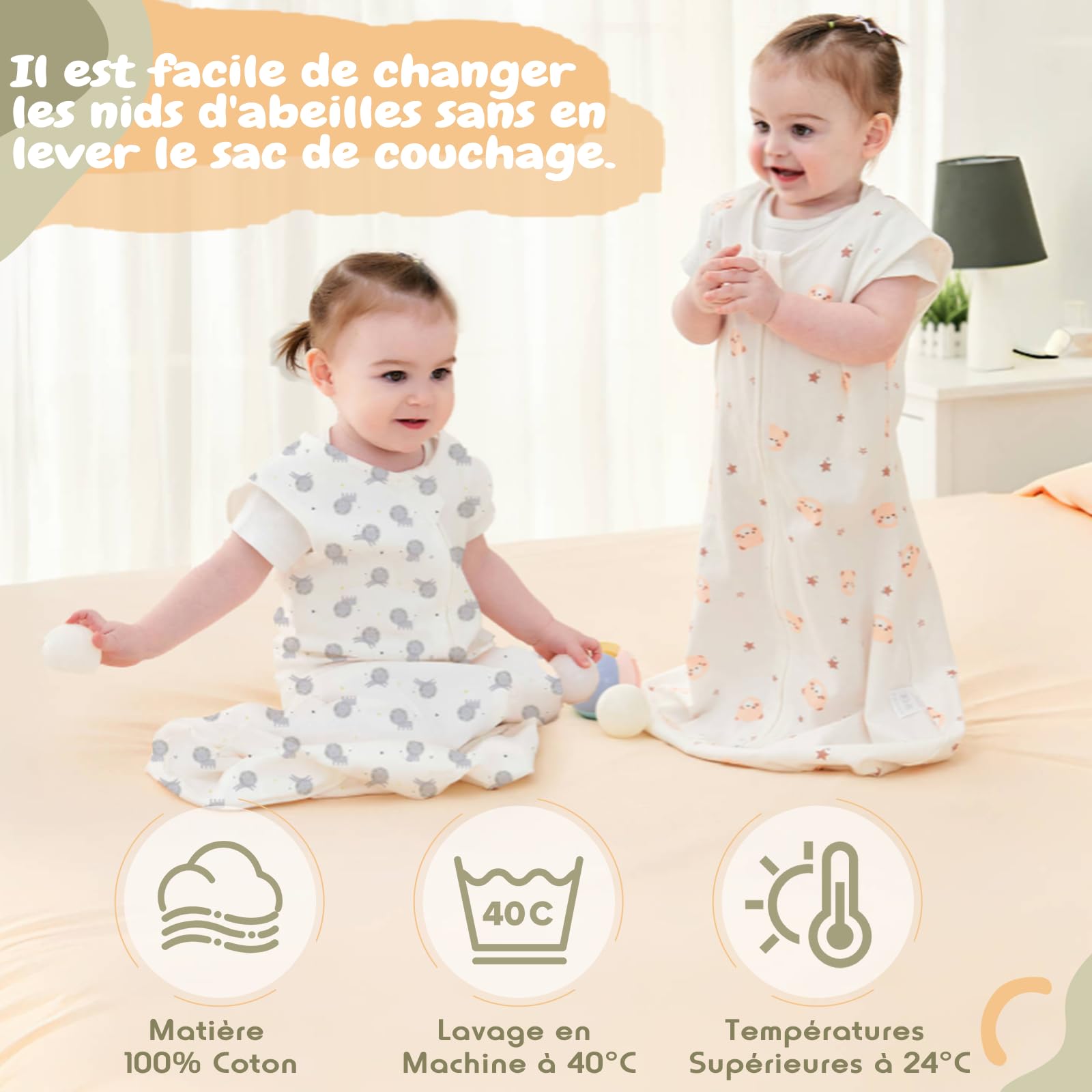 0.5 Tog Gigoteuse, 2Pcs Gigoteuse Ete pour Bébé, 100% Coton Turbulette Ete sans Manches Respirant Taille Réglable Gigoteuse pour Bébé 6-18 Mois (65 cm-85cm,2Pcs)