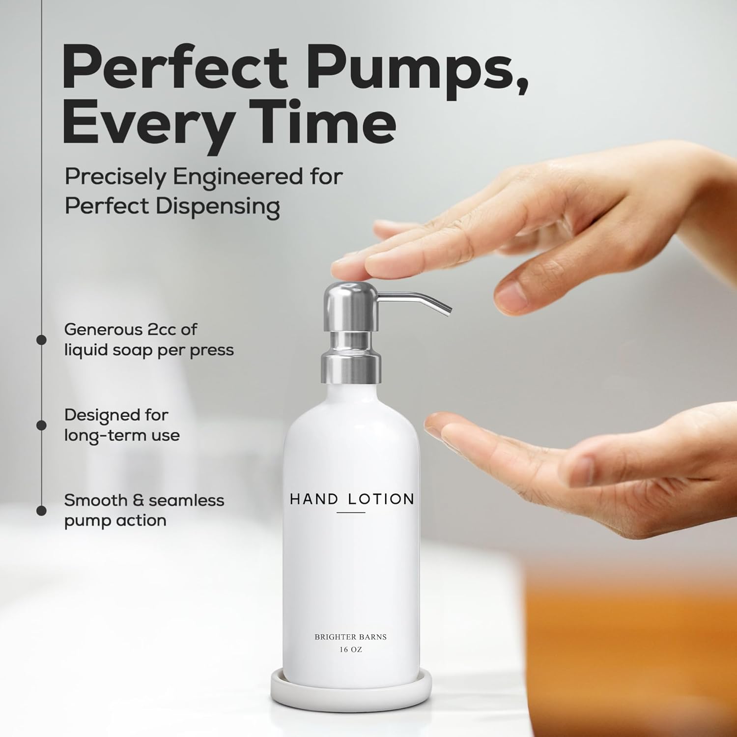 White Glass Lotion Dispenser with Pump Bathroom Set by Brighter Barns - Hand Lotion Dispenser Set with Tray - Modern Bathroom Accessories for Guest House, Hotel, Spa, Restaurant, Airbnb, Gift (White) - Image 4