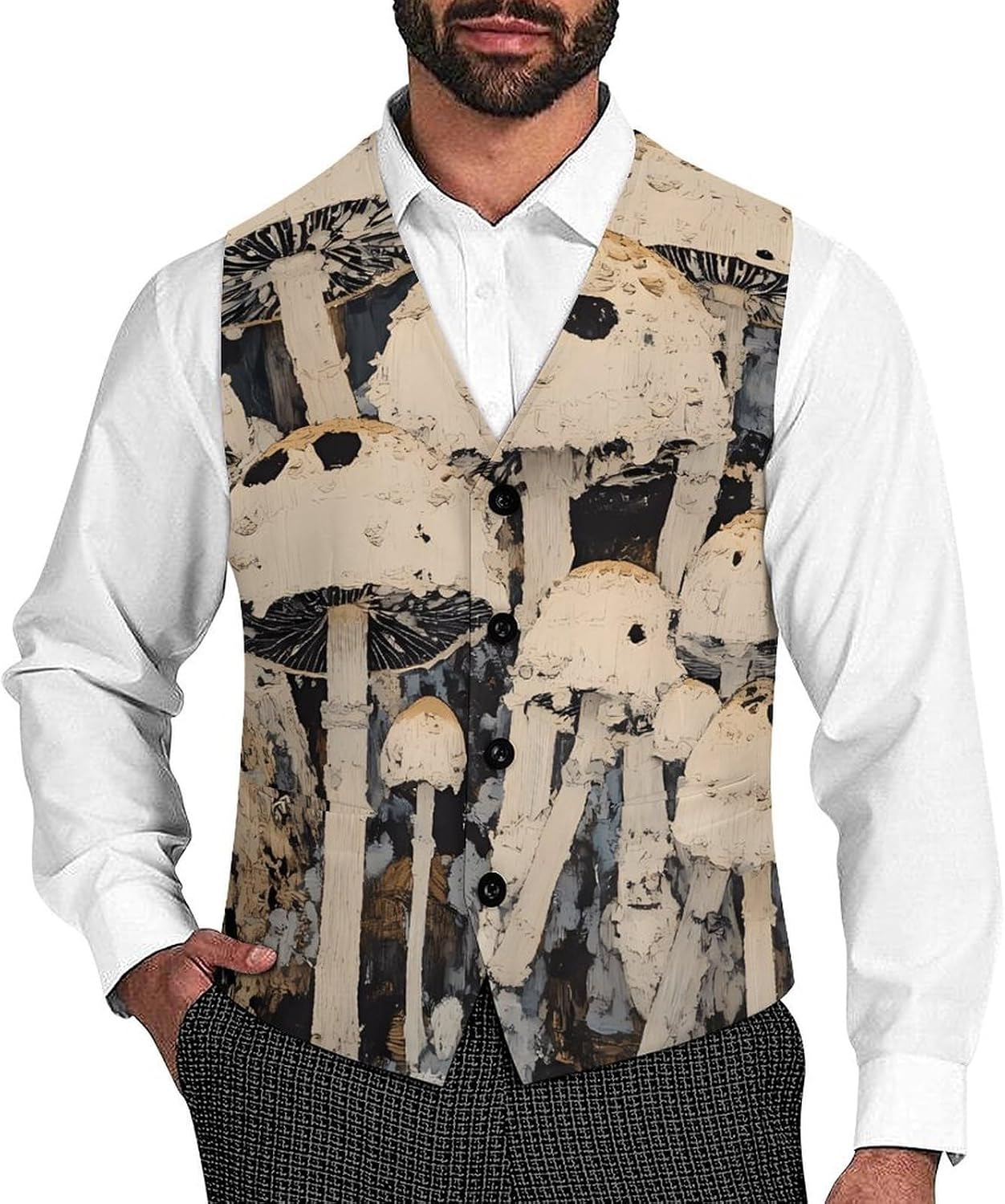 Wild White Mushrooms Casual Suit Vest for Men Formal Business Dress Regular Fit Waistcoat Tuxedo