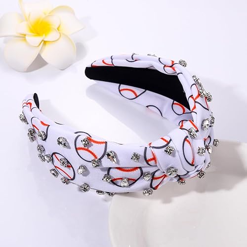 Miniatura 4 de Diadema de béisbol con diamantes de imitación anudada para mujer, estampado de baloncesto, fútbol, béisbol, banda ancha con nudo superior, diadema