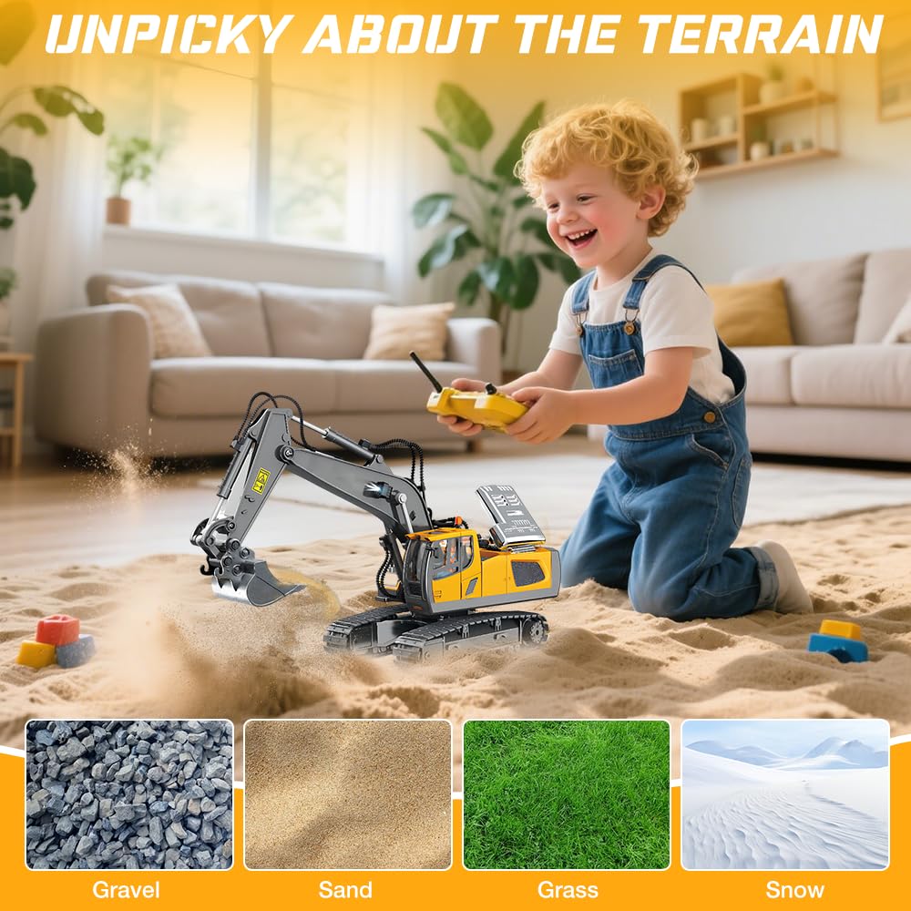 ADDLIVE Pelleteuse Télécommandée, 1 : 20 Mini Pelle Hydraulique, 2.4GHz Rechargeable Pelleteuse Enfant, Tractopelle Telecommandé, Tractopelle Enfant avec Lumière et Son, Jouet en-Fant 3 4 5 6 7 8 Ans