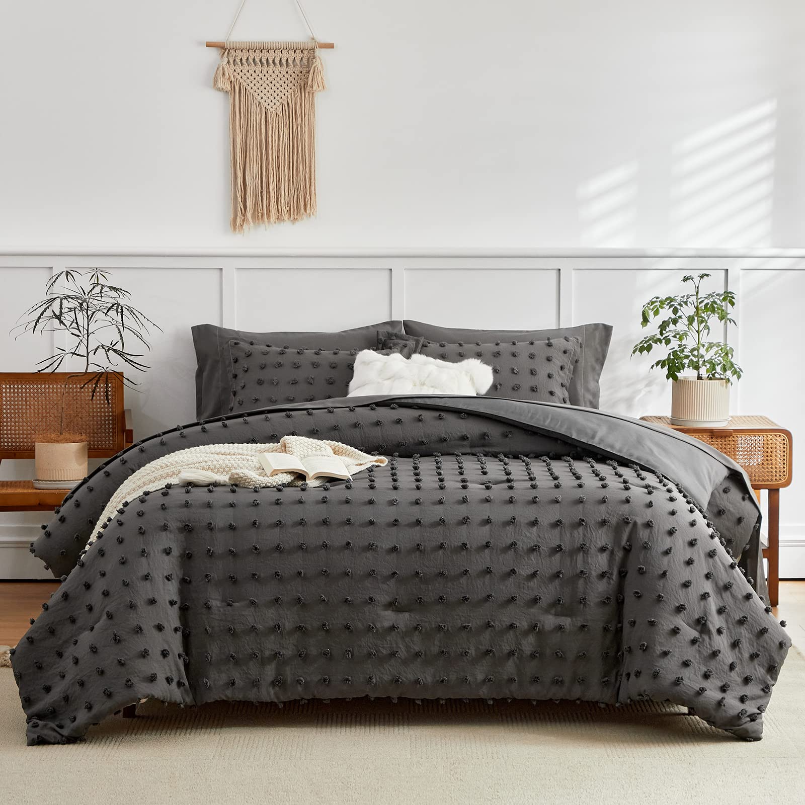 7 Pieces Tufted Dots Bed in a Bag King Comforter Set with Sheets Grey , Soft and Embroidery Shabby Chic Boho Comforters, Solid Color with Pom Pom Design, Jacquard Tufts Bedding Set for All Season