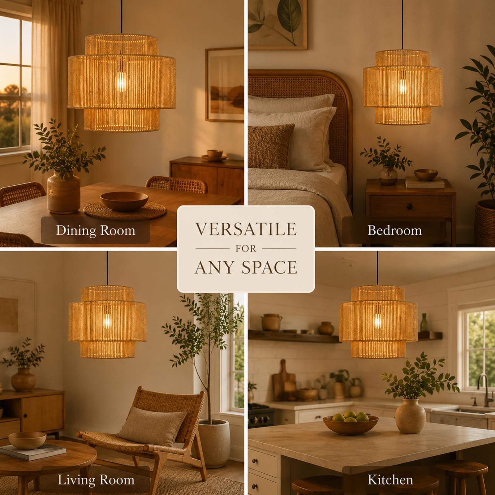 NUODIFAN Boho Lampenschirm, Handgewebte Papierschnur Hängelampe, Dreistufige Boho Lampe für Esszimmer & Wohnzimmer, Rustikale Natur Pendelleuchte Deckenlampe ohne Leuchtmittel 40cm