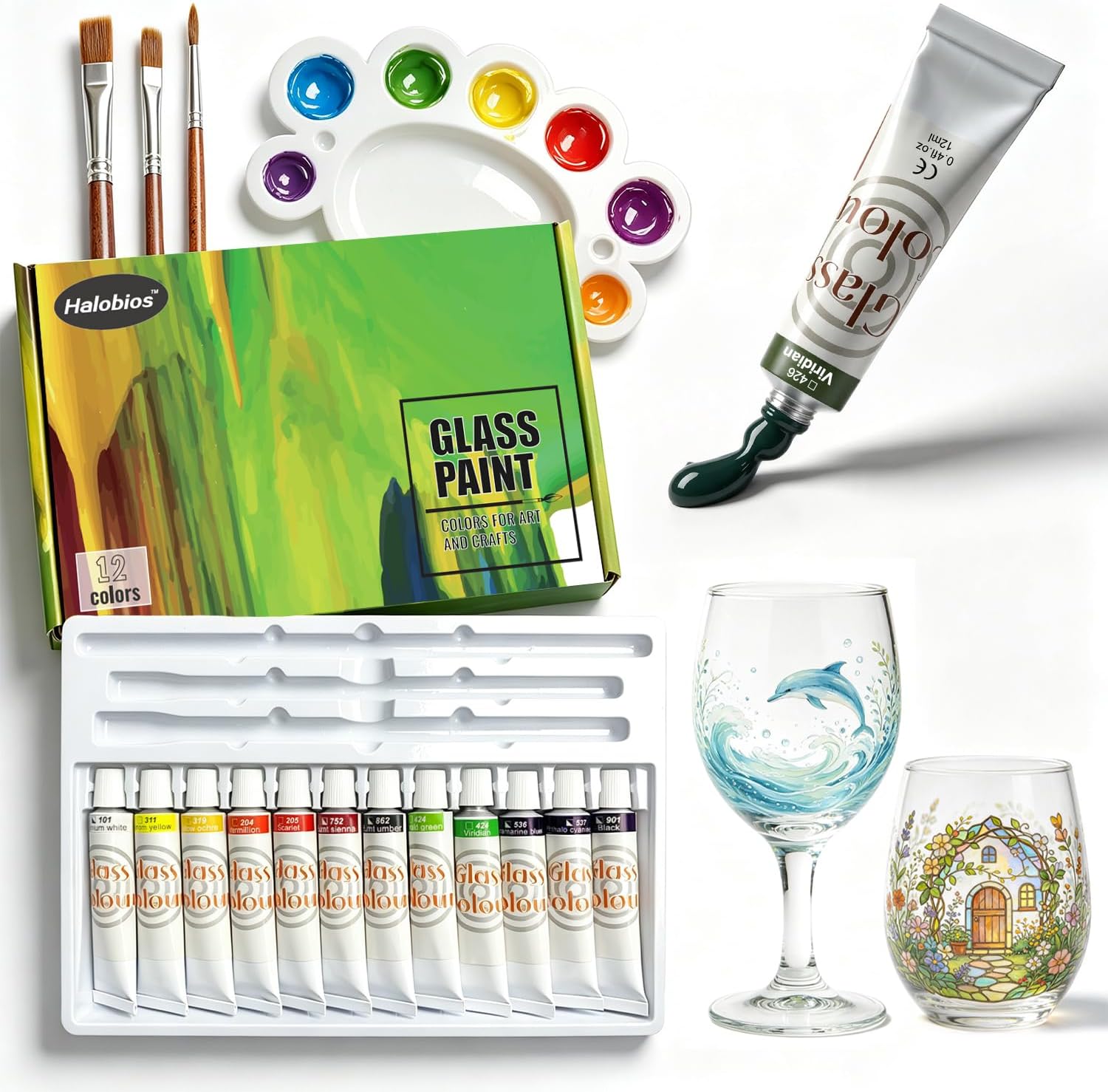 Halobios 12 Color Stained Glass Paint, Non-toxic High Saturation Color Glass Pigment, Glasses Paint for Decorative Design, Includes Palette and Brush