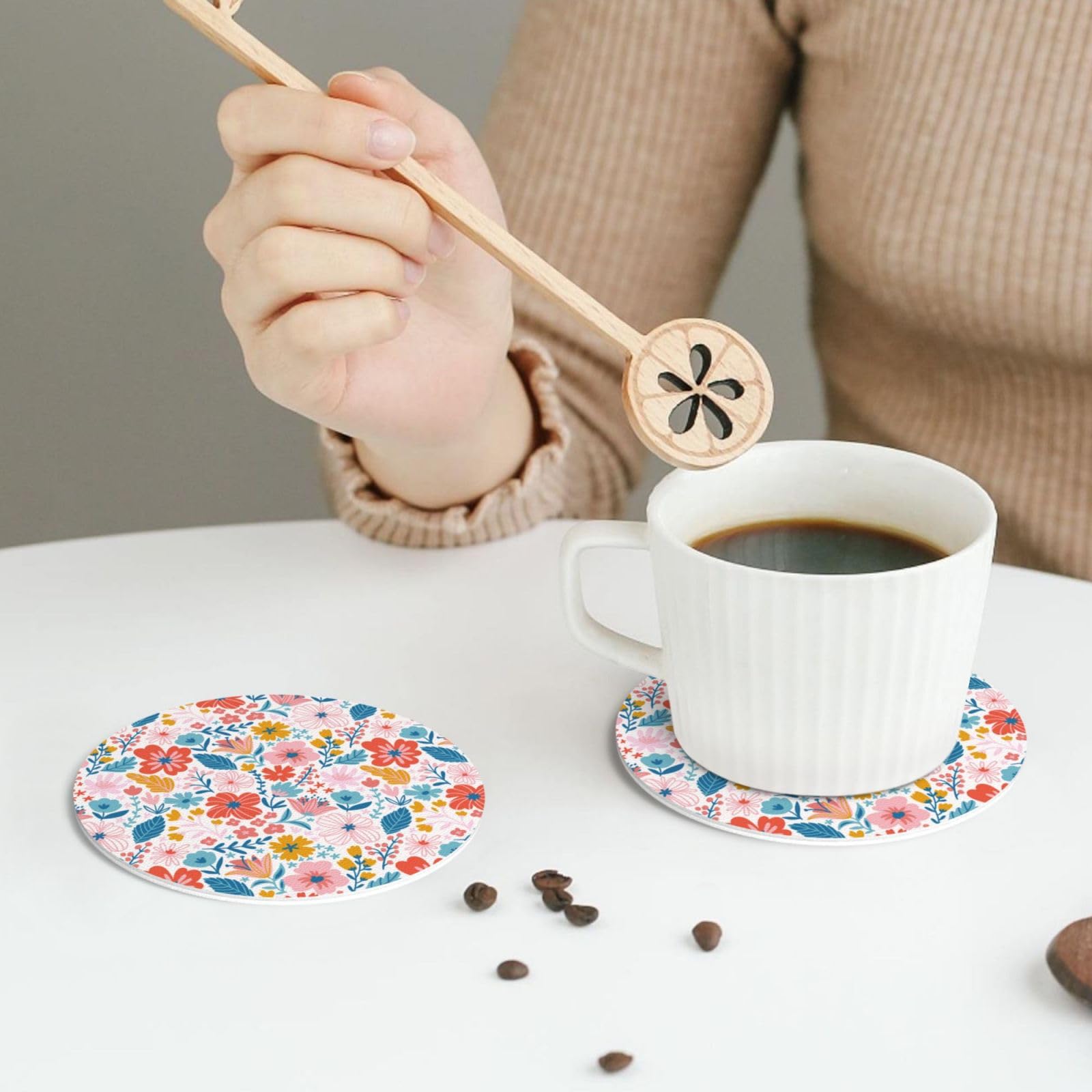 Gaeub Spring Flower Seasonal Print 4 Pcs Leather Coasters for Drinks