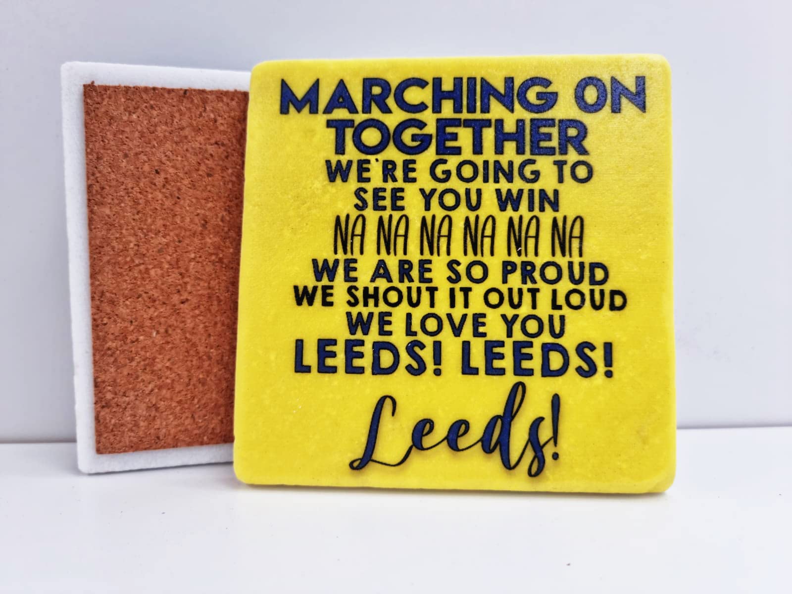 Marching on Together Football Chant Stone Coaster Leeds Utd, Marching on together, the Peacocks Marble coaster