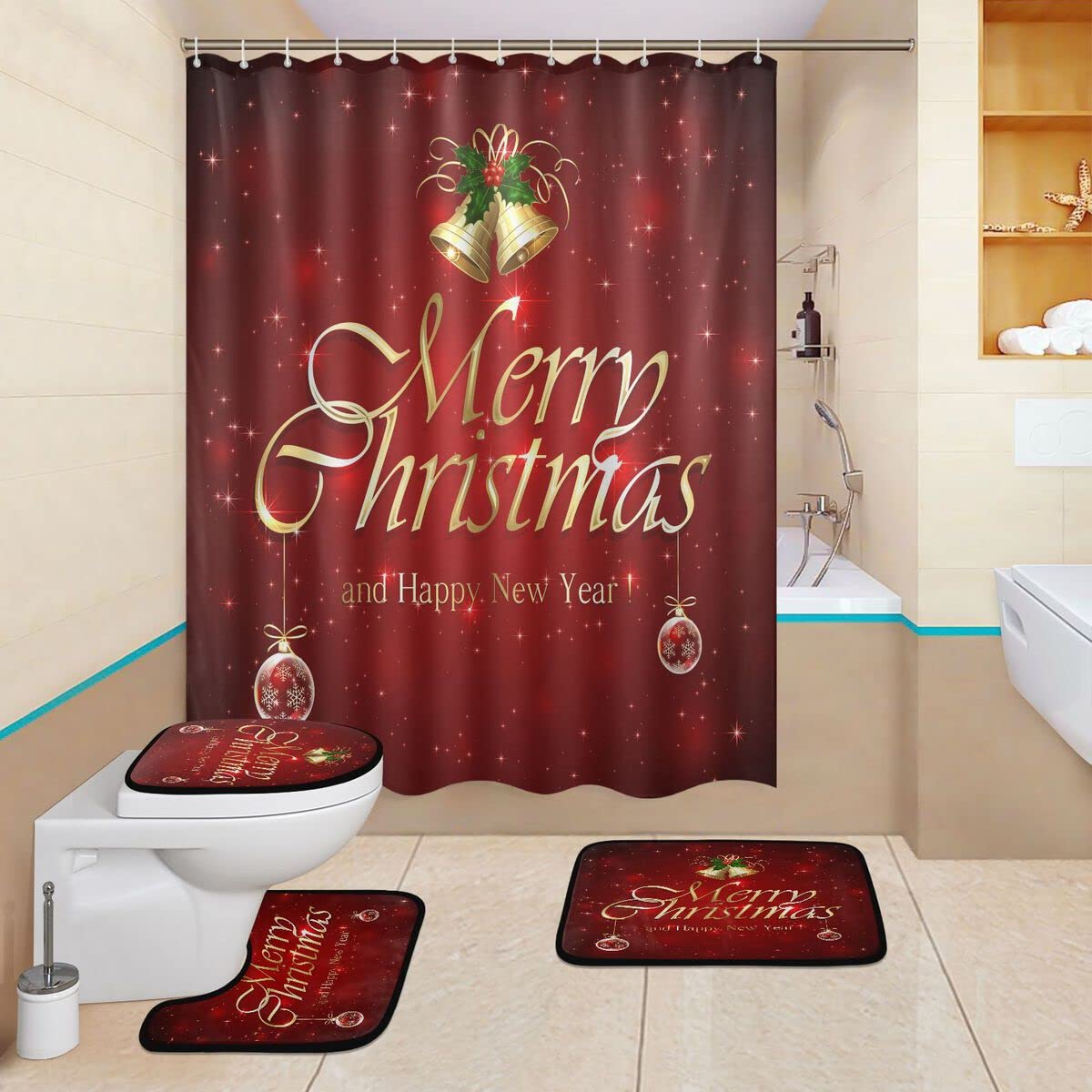 Mnsruu Lot de 4 rideaux de douche avec 12 crochets Motif boule de Noël Rouge