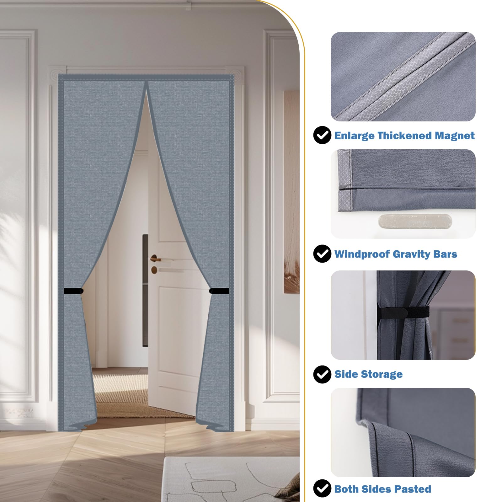 Rideau de Porte magnétique Isolant Thermique d'hiver 94 x 226 cm (37 x 89 po) occultant, Gris Clair