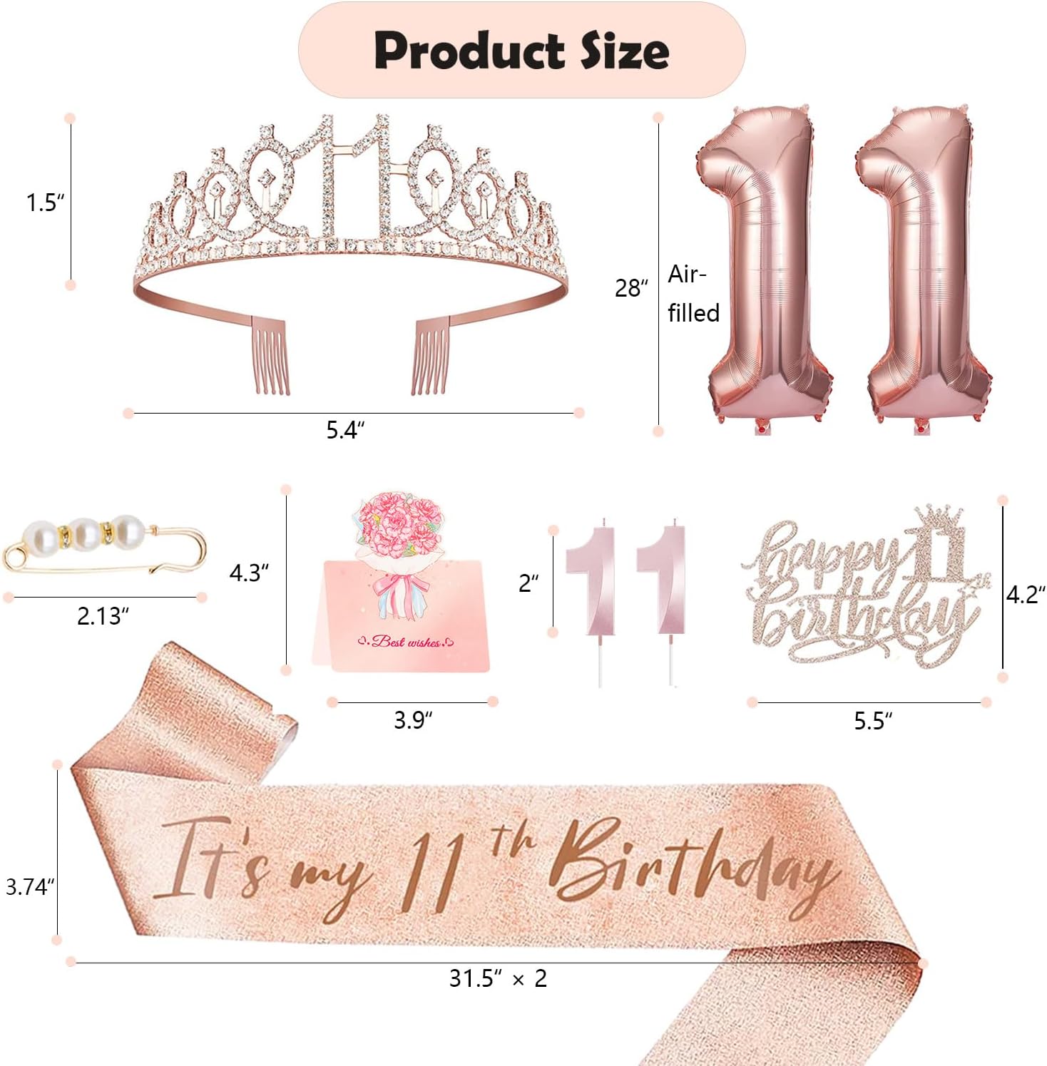 11th Birthday Decorations for Girls, 11th Birthday Sash and Crown, Cake Topper, Number Candles and Balloons, 11 Year Old Gifts for Girls - Image 2