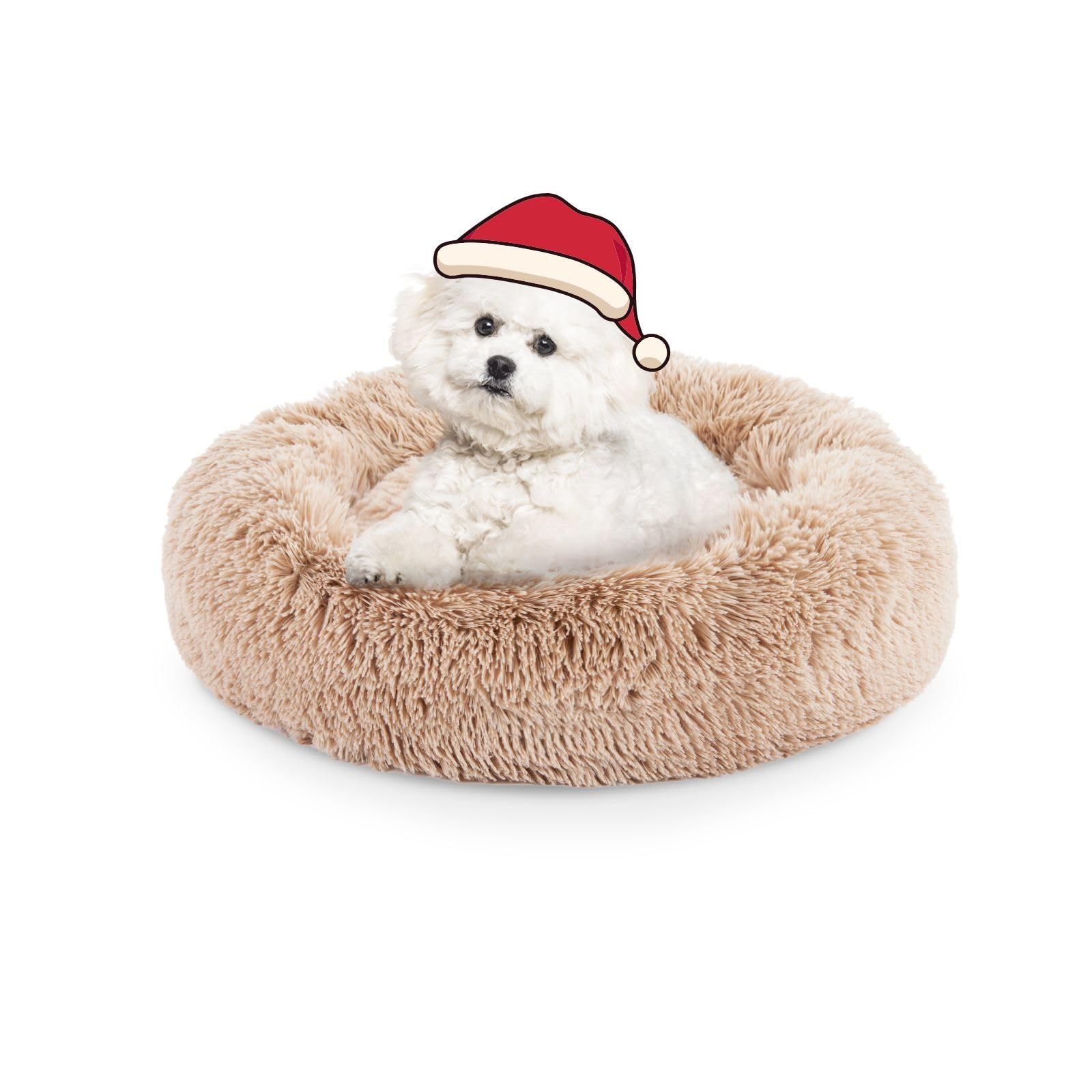 FluffyDream 24 Inch Donut Bed for Dogs, Calming, Brown, Washable, Plush Fur Dog Cuddle Bed