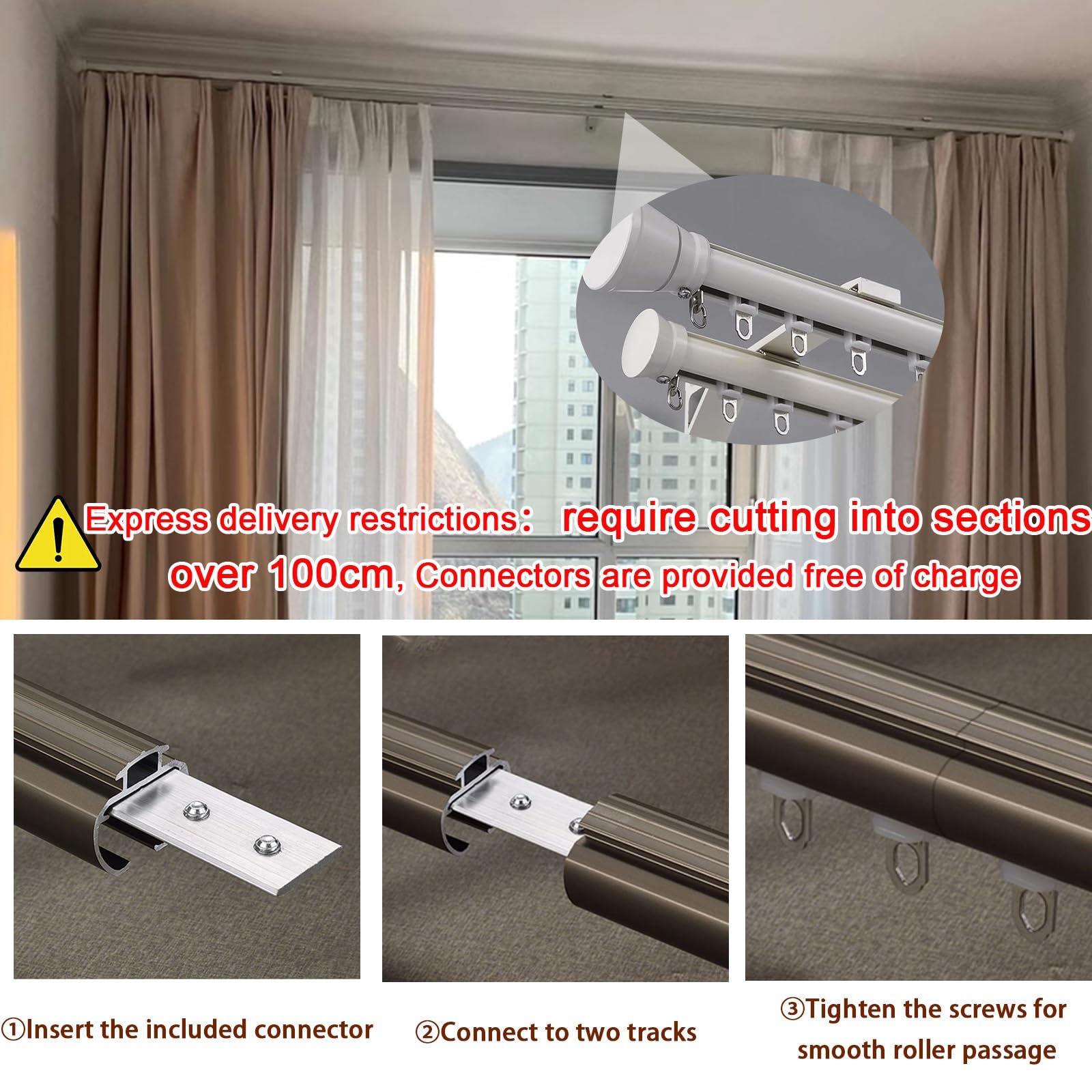 Wytrzymały, regulowany, podwójny karnisz, 0,9 m do 4 m, czarny, ze stopu aluminium, naścienny, draperia z gładkimi rolkami, do salonu i sypialni (150 cm)