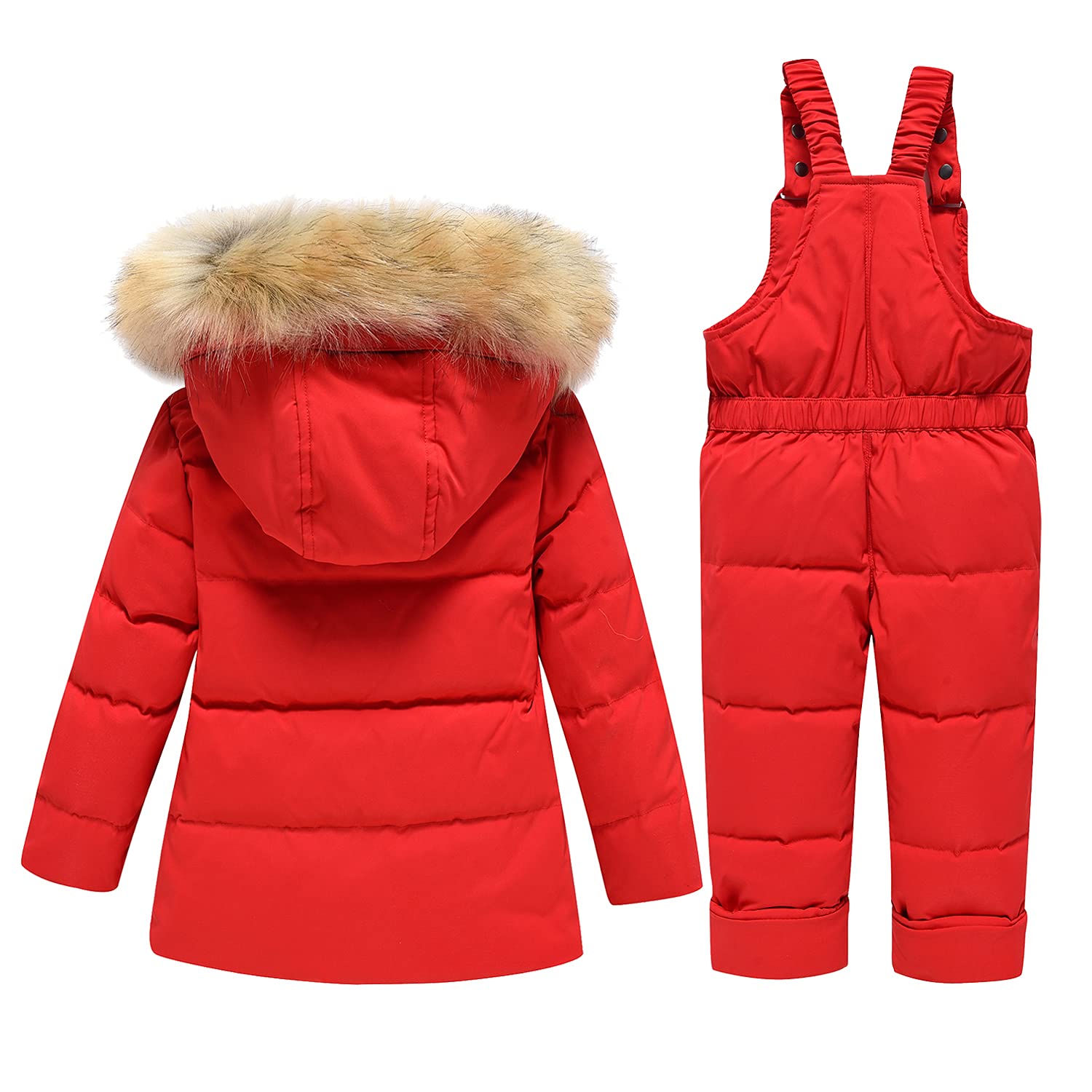 SANMIO 2 Piezas Conjunto de Esquí Niño Niña Chaqueta de Plumas Piel Artificial Chaqueta con Capucha + Prueba de Viento Pantalones de Babero para Trajes de Invierno Cálido para Bebés