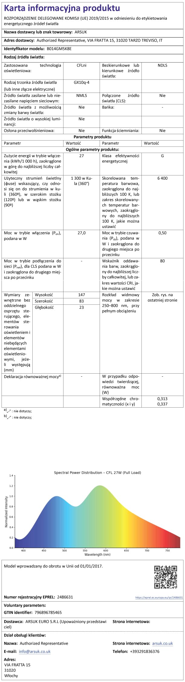 ARSUK 27W Wymienna żarówka do światła dziennego - 4-pinowa świetlówka do lampki nocnej, czytania stołu, lampy dla dzieci YDW-27FM - GX10Q - fluorescencyjna 27 W LAMPA FML(6500 K - Zestaw 1 sztuk)