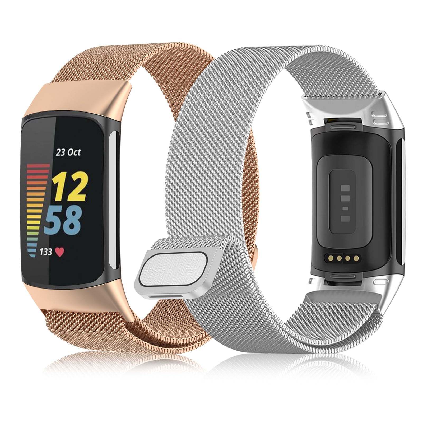 ALULU 2 Stück Metall Armband für Fitbit Charge 6/5 | Magnetverschluss, Maschenschleife, verstellbar, für Damen & Herren, Champagner Gold & Silber