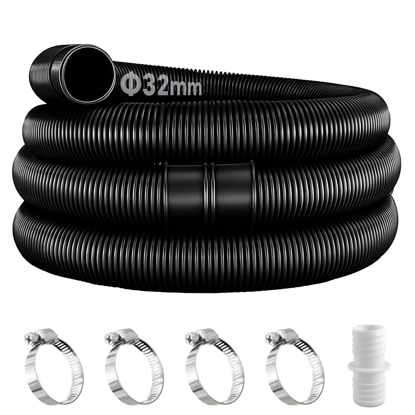 2pcs tuyaux de piscine noir de 32 mm pour pompes de piscine avec 4 clips de sécurité et 1 raccord de tuyau, tuyau de piscine de 150 cm et 32 mm, pour pompe à filtre et piscine