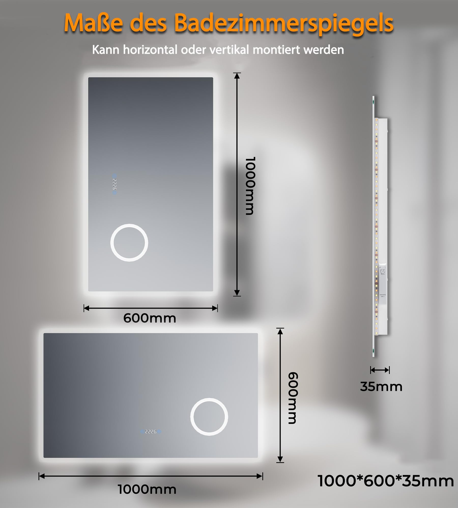 SVNR badezimmerspiegel mit beleuchtung - 100 x 60 cm spiegel mit beleuchtung, Wandmontierter Multifunktionaler Badezimmerspiegel, R10-Abgeschrägte Kante, Uhr, Antibeschlag, LED-Smart-Spiegel
