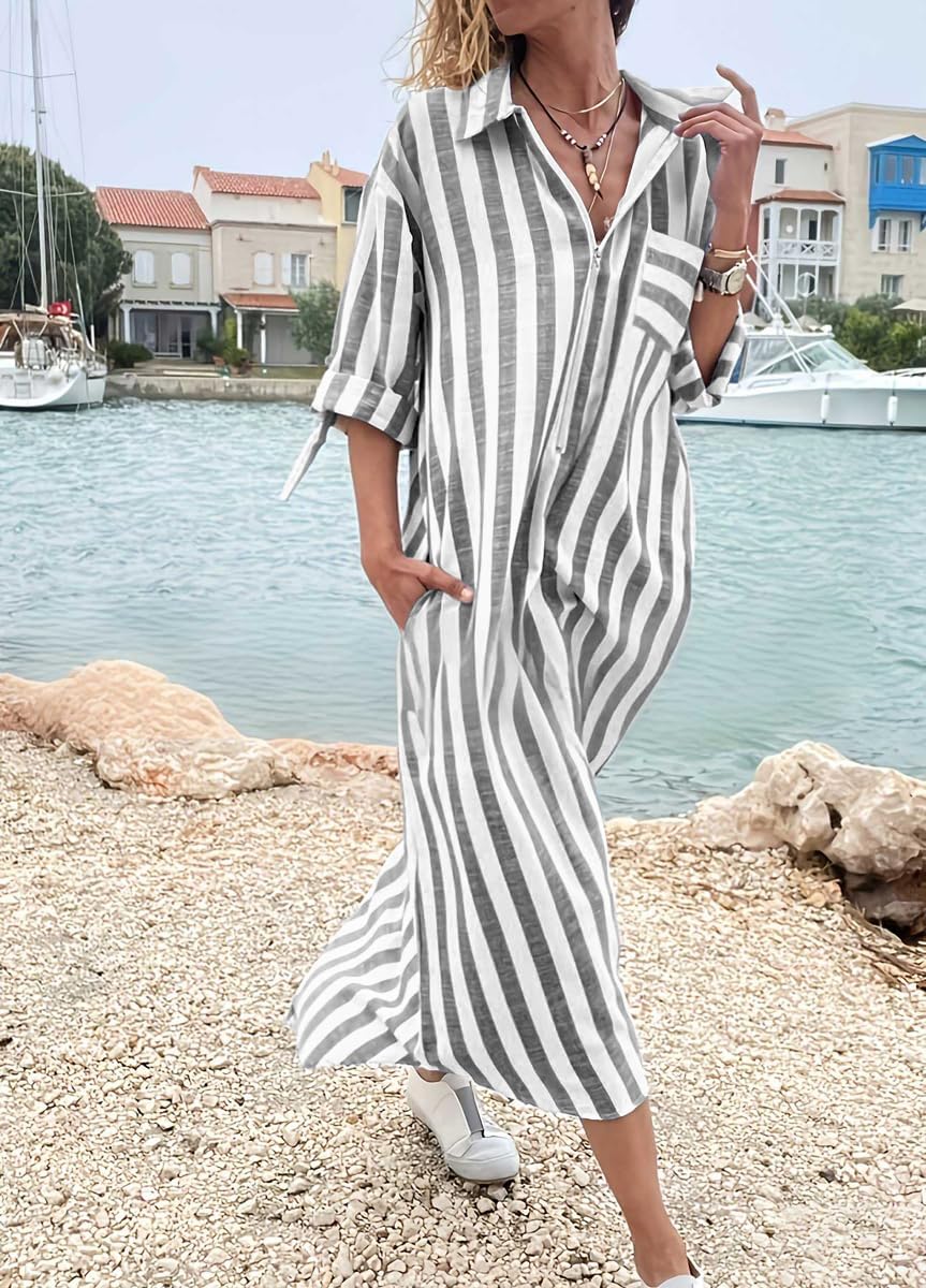 chouyatou Women's Summer 3/4 Sleeve Striped Shirt Dress Business Casual Half Zipper Maxi Long Beach Dress - Image 2
