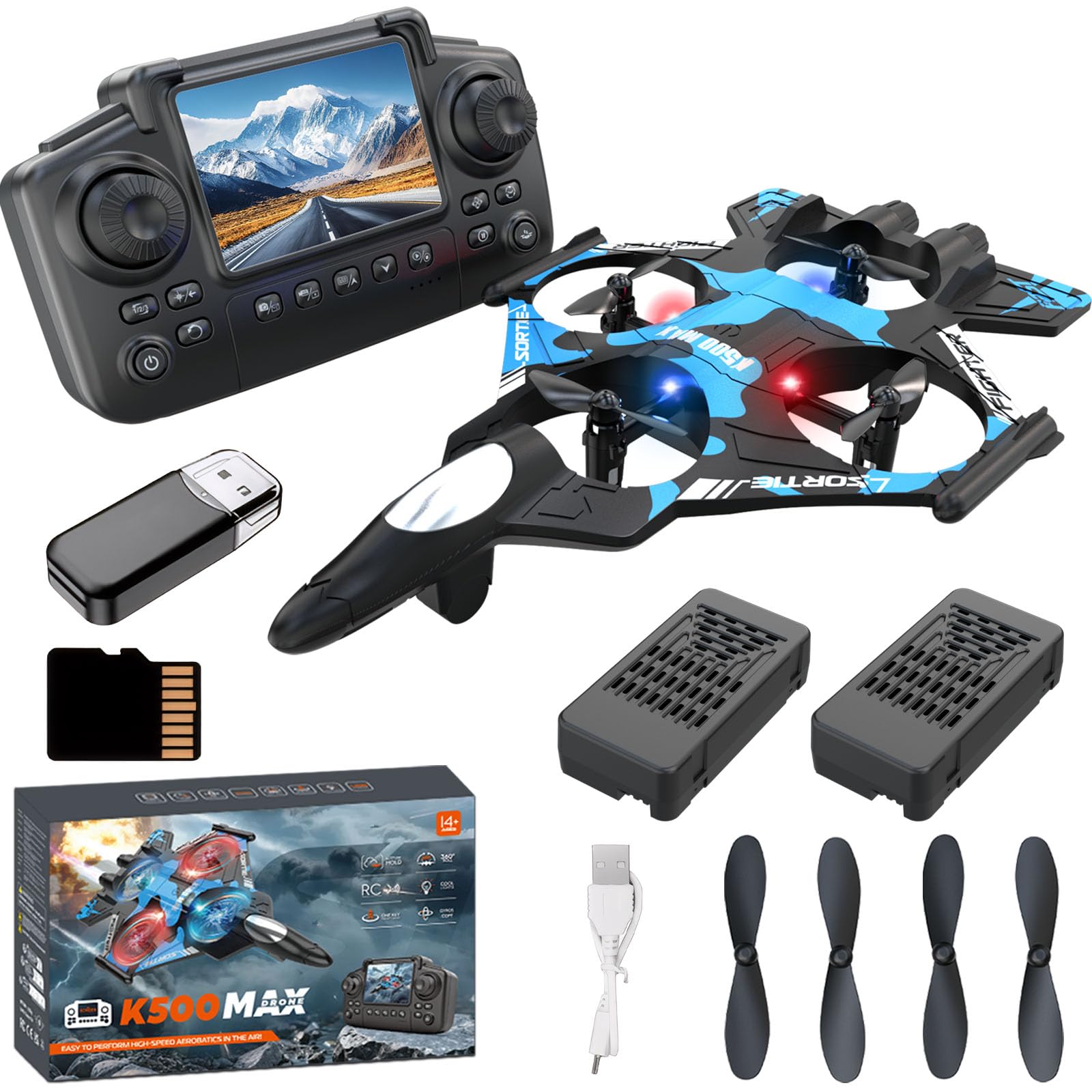 Aereo RC con fotocamera,Schermo incorporato,Nessun telefono necessario,2 batterie