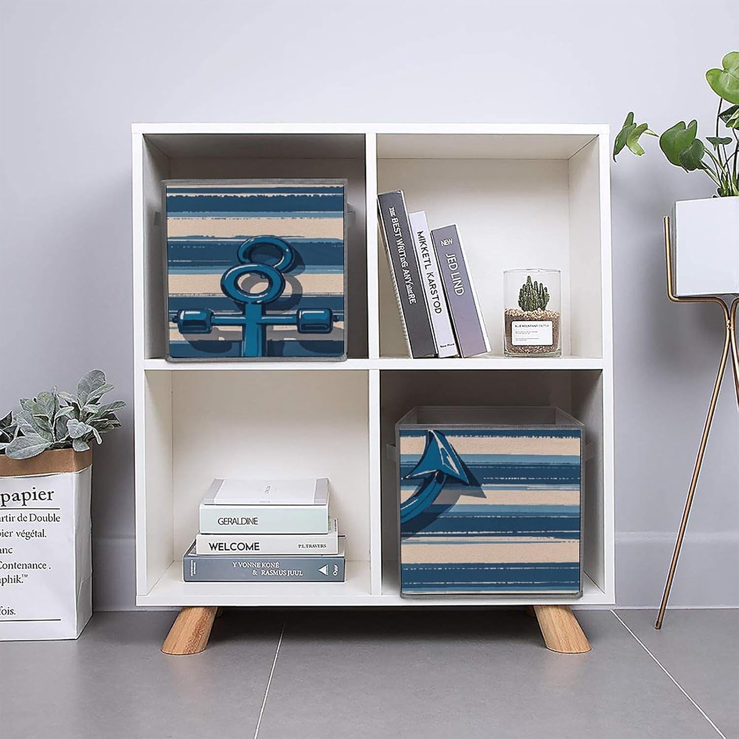 Multi Use Organizer Bins, Anchor Printed Storage Bins, Foldable Storage Baskets Are Suitable For Bedrooms, Offices, And Cars