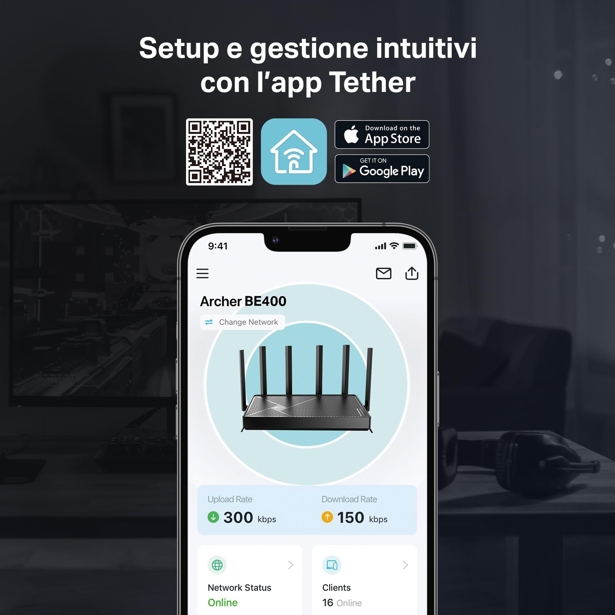 TP-Link Archer BE400 Router Wi-Fi 7 Dual-Band BE6500Mbps, 2.5G WAN, 2.5G LAN, 3 Porte 1G LAN, 4K-QAM, MLO, MU-MIMO, Beamforming, 6 Antenne Esterne, Home Shield, IoT, Compatible con EasyMesh