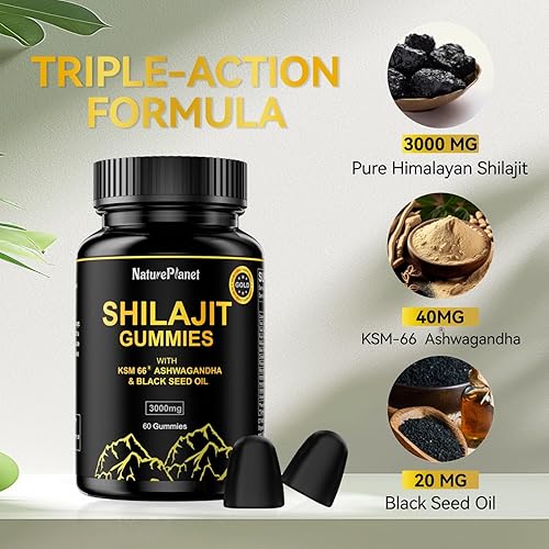 Miniatura 5 de Gomitas de oro Shilajit puro del Himalaya con aceite de semilla negra y Ashwagandha, apoyo inmunológico y mejora de la energía, para hombres y