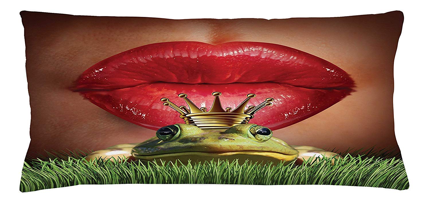 Jolly2T Animal Throw Pillow Cushion Cover, Lady Finds Her Frog Prince Soul Mate in Love Valentines Romance Fairy Tale Art, Decorative Square Accent Pillow Case, 18 X 18 inches, Green Red Yellow