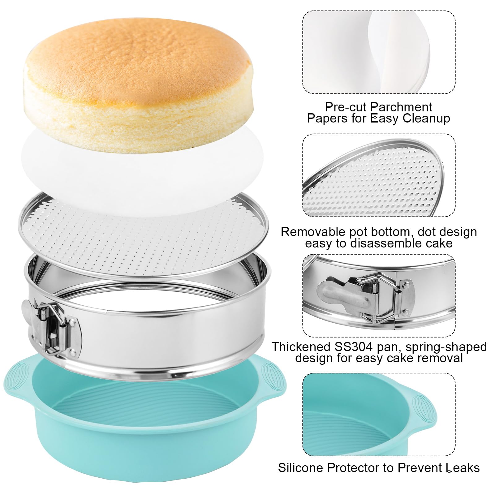 Molde desmontable de acero inoxidable de 25,4 cm con protector de silicona, parte inferior extraíble, papel pergamino, kit de decoración de bolsas y puntas, ideal para fiestas de cumpleaños