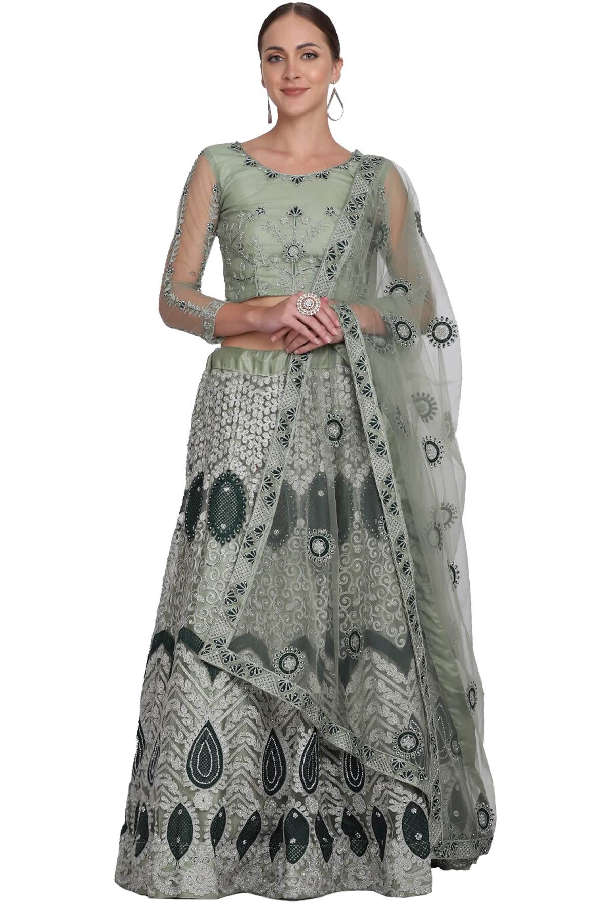 BollycluesWomen's Net Embroidered Semi-Stitched Lehenga Choli