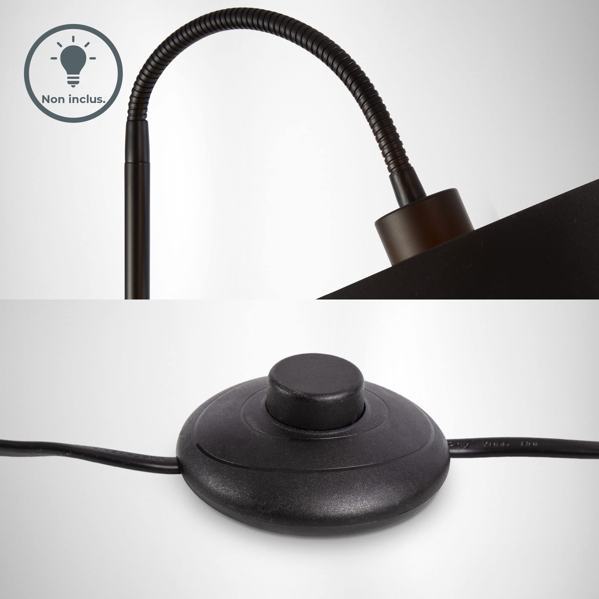 B.K.Licht lampadaire rétro pivotant I abat-jour en tissu noir et doré I pour une ampoule E27 I 30 cm I câble de 140 cm avec interrupteur à pied I livré sans ampoule