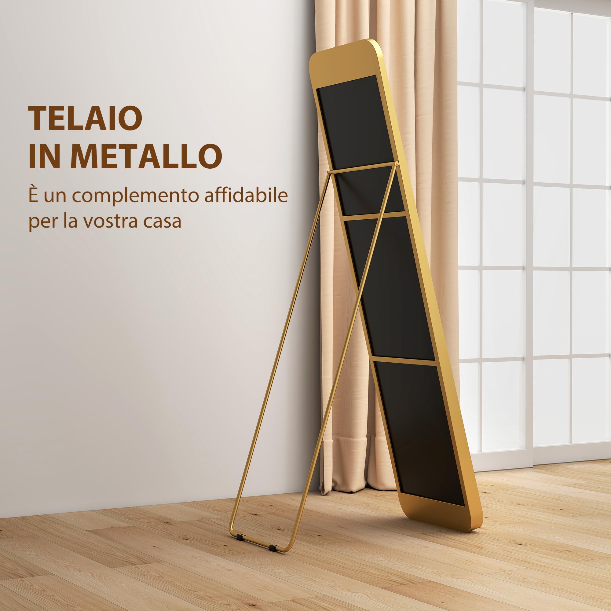 HOMCOM Specchio da Terra Moderno a Figura Intera Antiscoppio 40x160 cm Oro | Specchio Verticale con Cornice, in Vetro MDF e Metallo, per Camera da Letto, Soggiorno e Ingresso