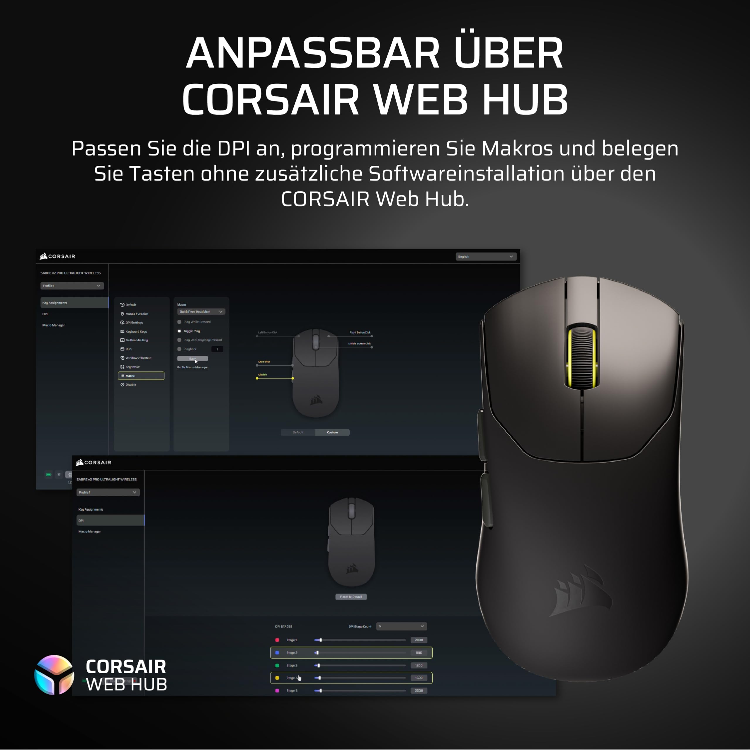 Corsair Sabre v2 PRO Ultralight Wireless FPS Gaming-Maus Schwarz 33K DPI 36g 8000Hz Hyper-Polling Mechanische Tastenschalter 70h Akkulaufzeit