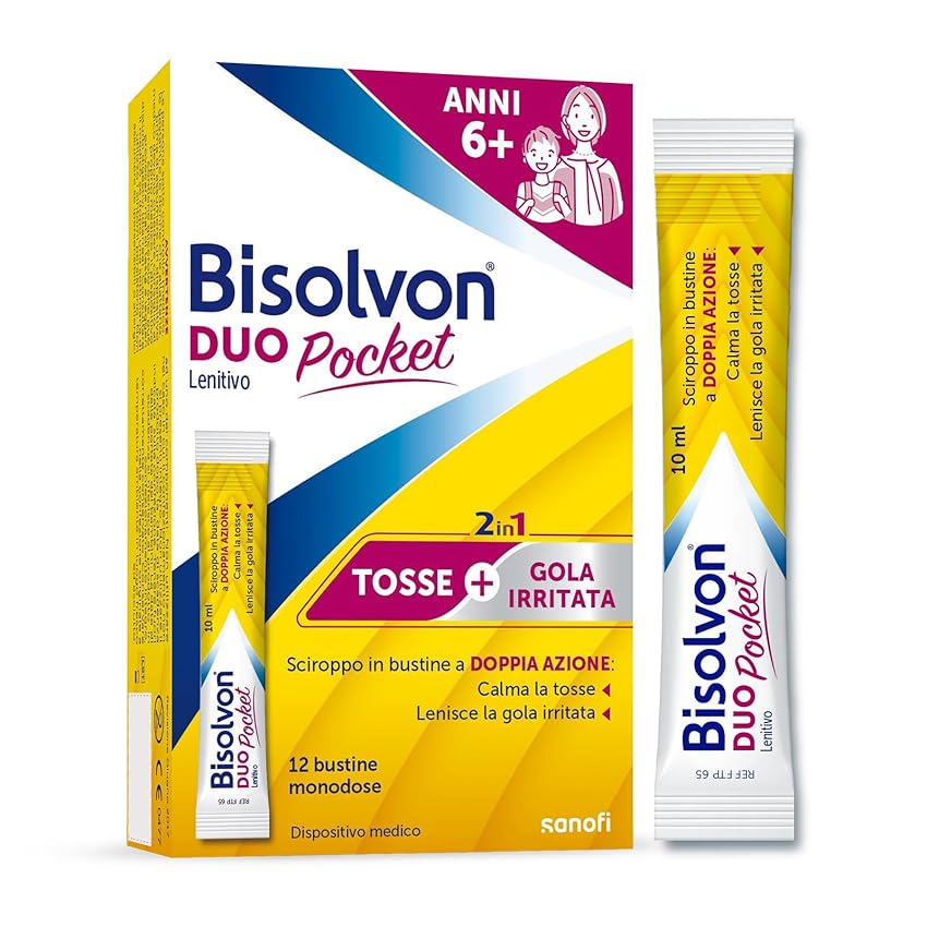 Immagine del prodotto Bisolvon Duo Pocket Lenitivo Sciroppo in Bustina Contro Tosse e Gola Irritata, per Adulti e Bambini (12 Bustine Monodose)