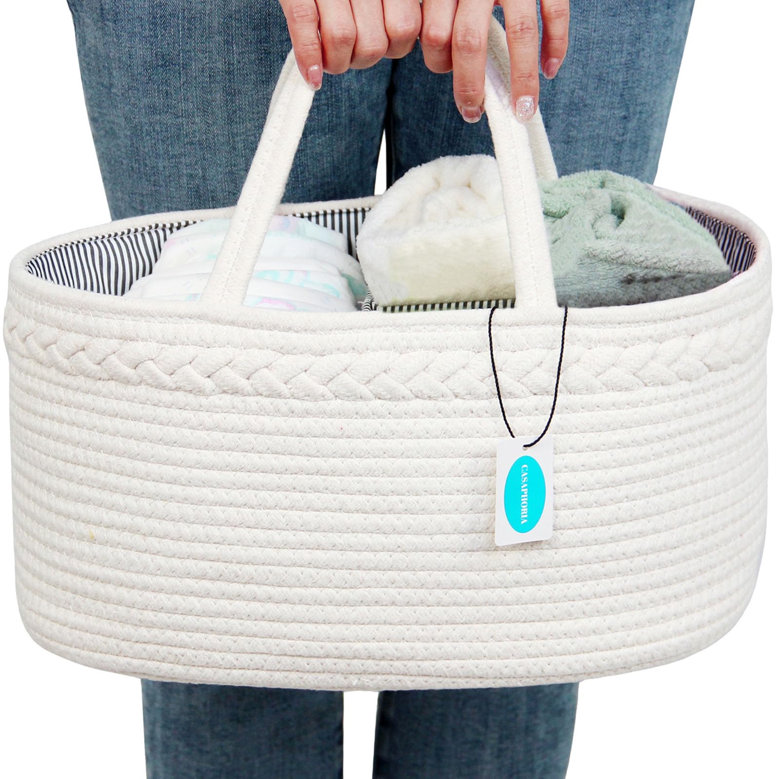 Casaphoria Woven Sundries Hamper - Cotton Rope Basket for Storage, Caddy, Organizer with Handle - Cream White (14.2"x8.5"x7.1")