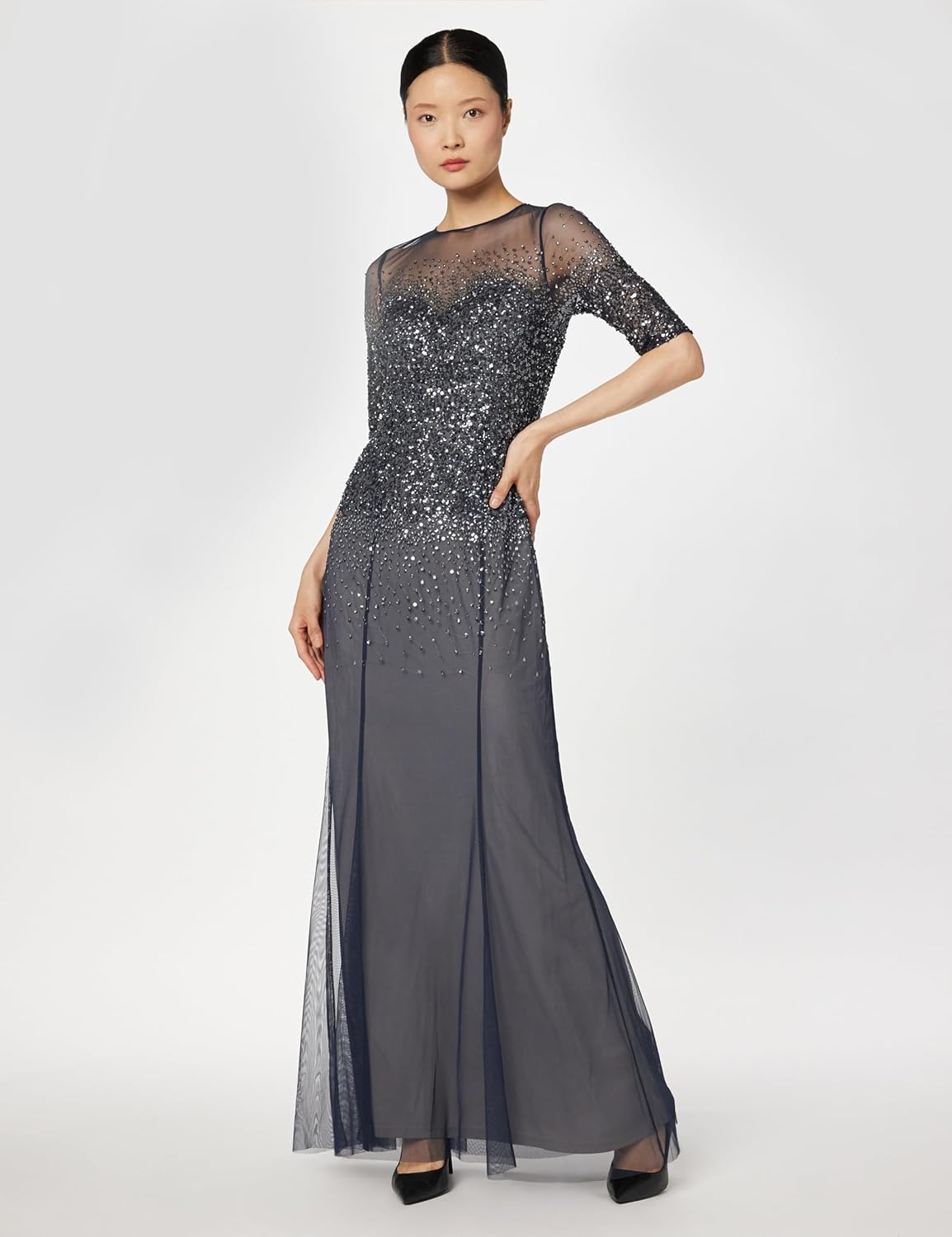 Adrianna Papell Women's Beaded Illusion Dress | Long Sequin Evening Dress with Fitted Bodice & Tulle Skirt Overlay - Image 6