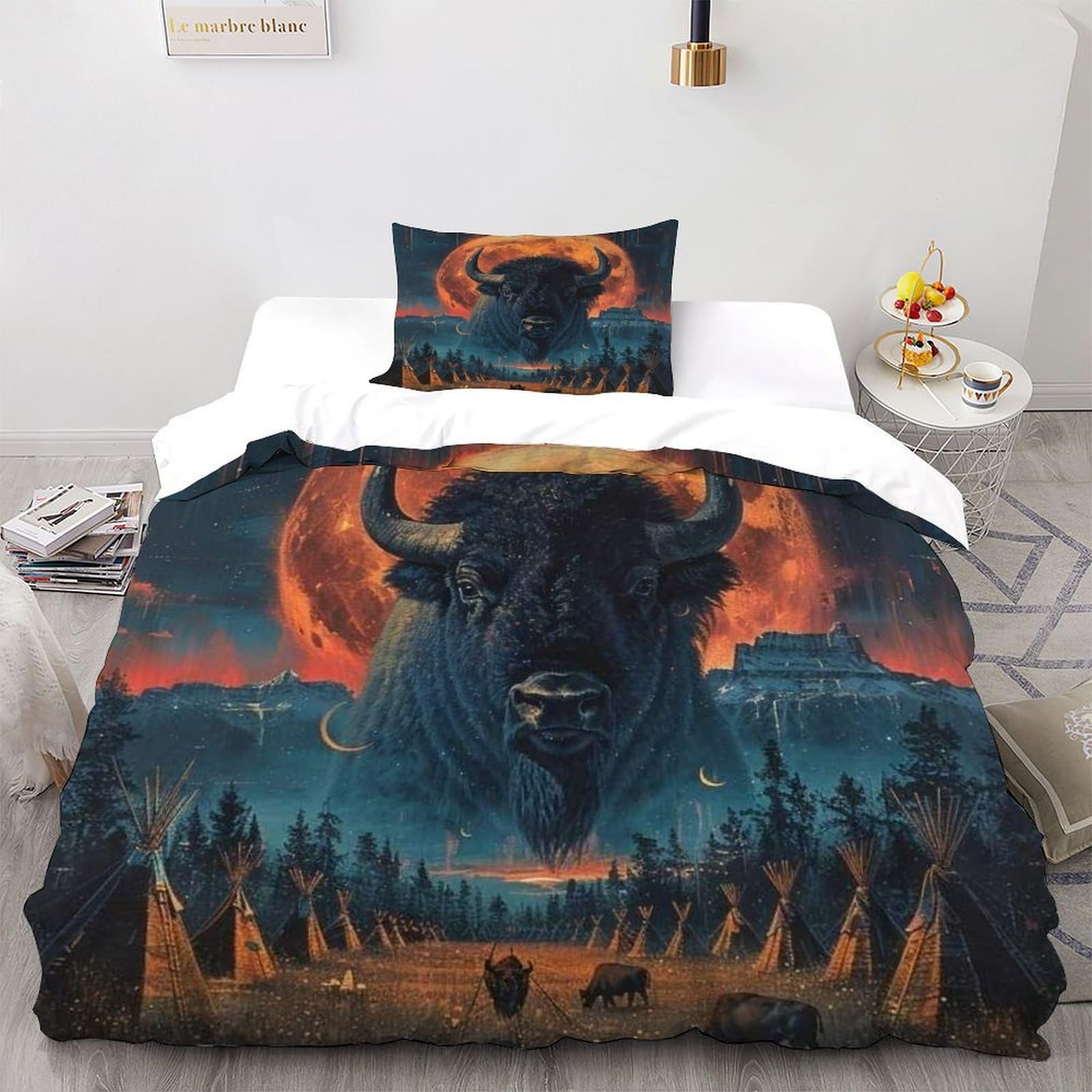 Housses de couettes imprimé lune buffalo microfibre douce parure 2 pièces