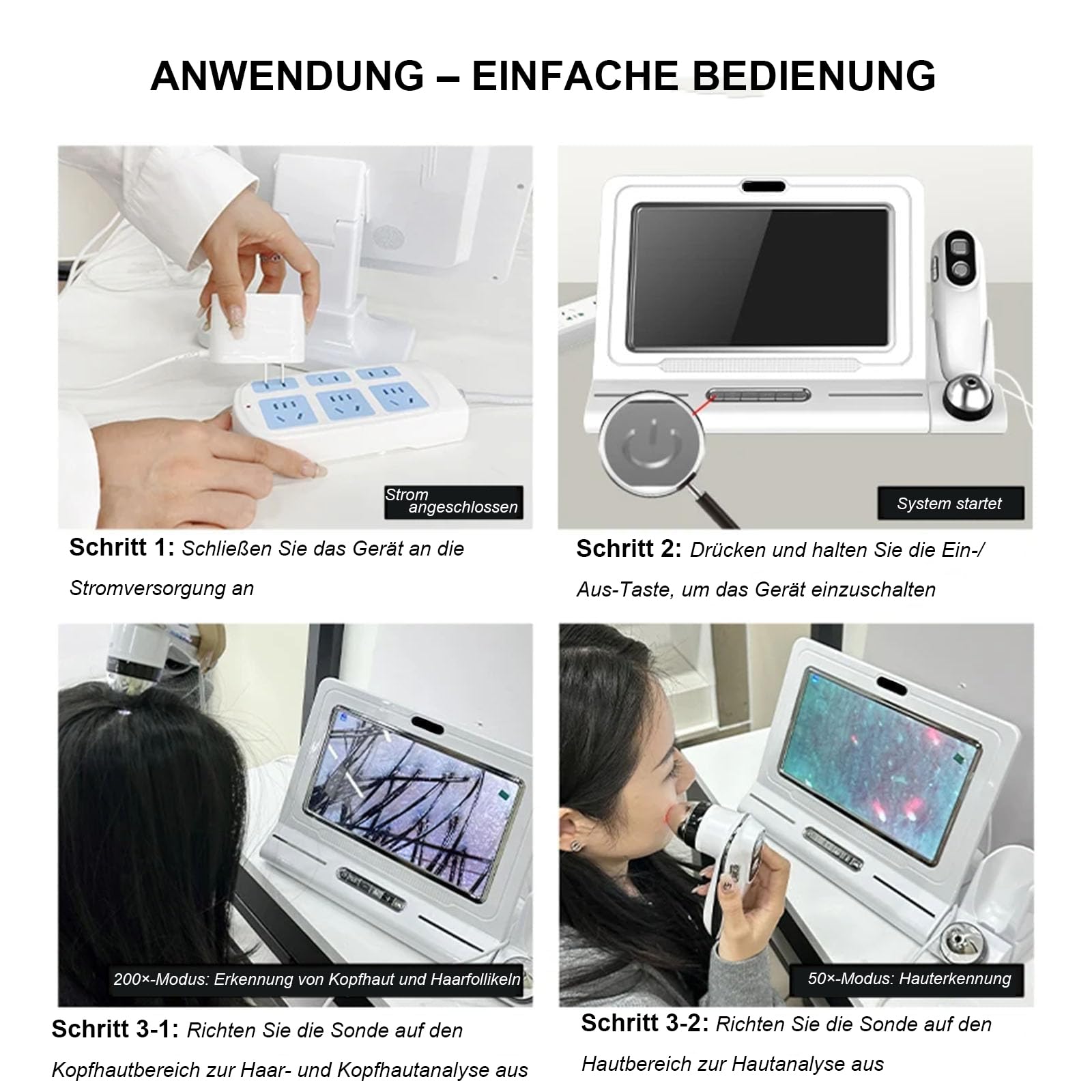 2026 Haut und Kopfhaut Analysegerät 11 Zoll HD Display Haar Kopfhaut Kamera 200x und 50x Vergrösserung UV Licht Polarisationslicht Vier Bilder Vergleich Haarfollikel Detektor Profi Salon Klinik