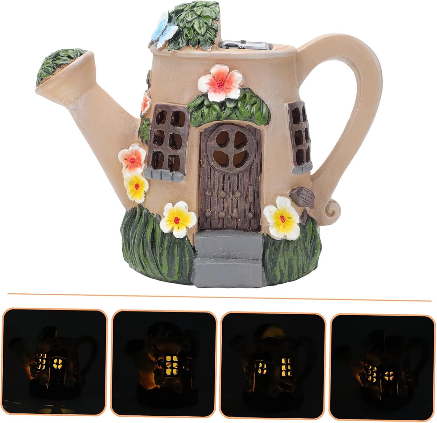Creative Resin Watering Can Ornament Xmas Solar Luminous Yard Decor