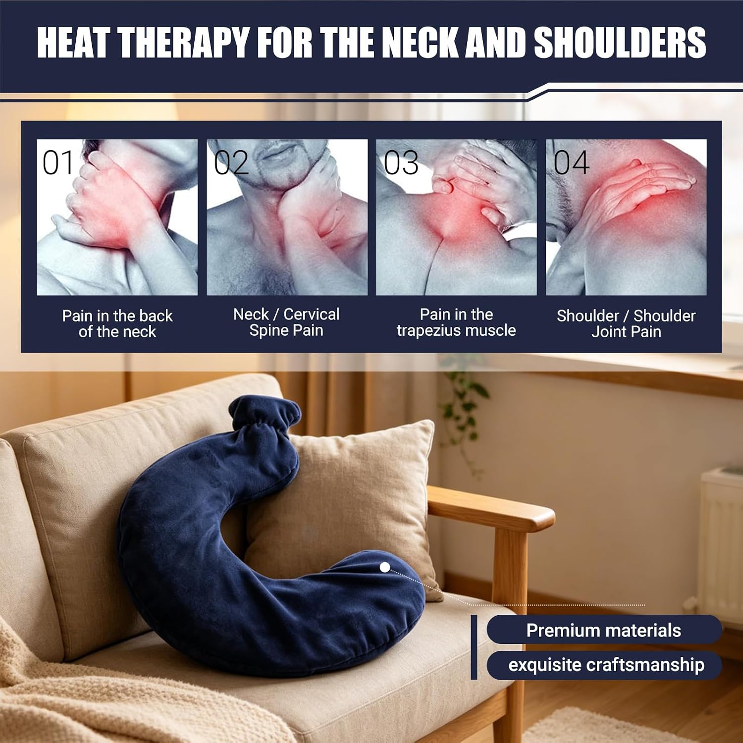 U Shaped Hot Water Bottle, Warm Neck Soft Rubber Hot Water Bag with Cloth Cover for Pain Relief and Insulation (Navy Blue)