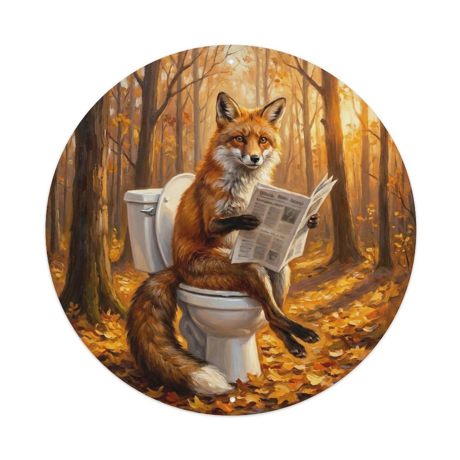 Fox On Toilet Humorous Bathroom Autumn Leaves Glow Metal Tin Sign