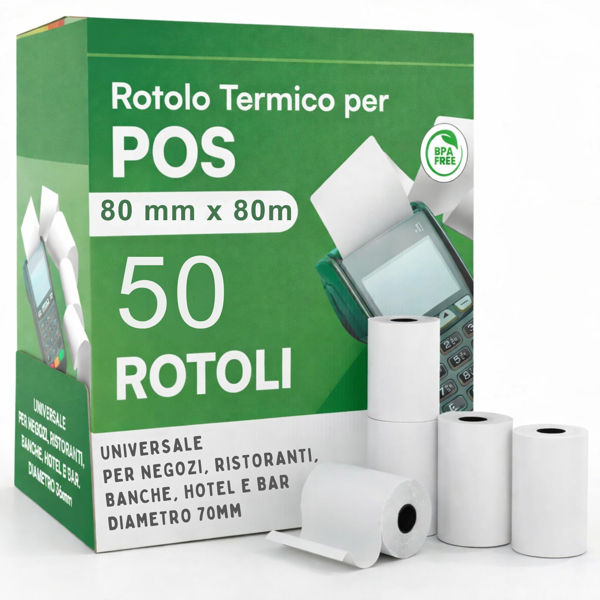 50 Rotoli POS Carta Termica (80 mm x 80 mt) GARANTITI e PROFESSIONALI - Anima da 12 mm - BPA Free 55 g per Registratore di Cassa, Calcolatrici e POS - Stampa Nitida e Duratura