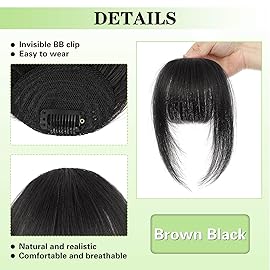 NAYOO Bangs Hair Clip - Brown Black Fake Bangs 100% Real Human Hair Extensions French Bangs for Women Fringe with Temples Hairpieces Curved Bangs for Daily Wear (Brown Black, French Bangs)