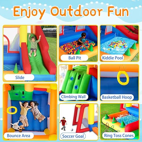 Miniatura 2 de Baralir Casa de rebote 7 en 1 para niños de 3 a 10 años, castillo hinchable con tobogán largo, piscina para niños (pozo de pelota), portería de