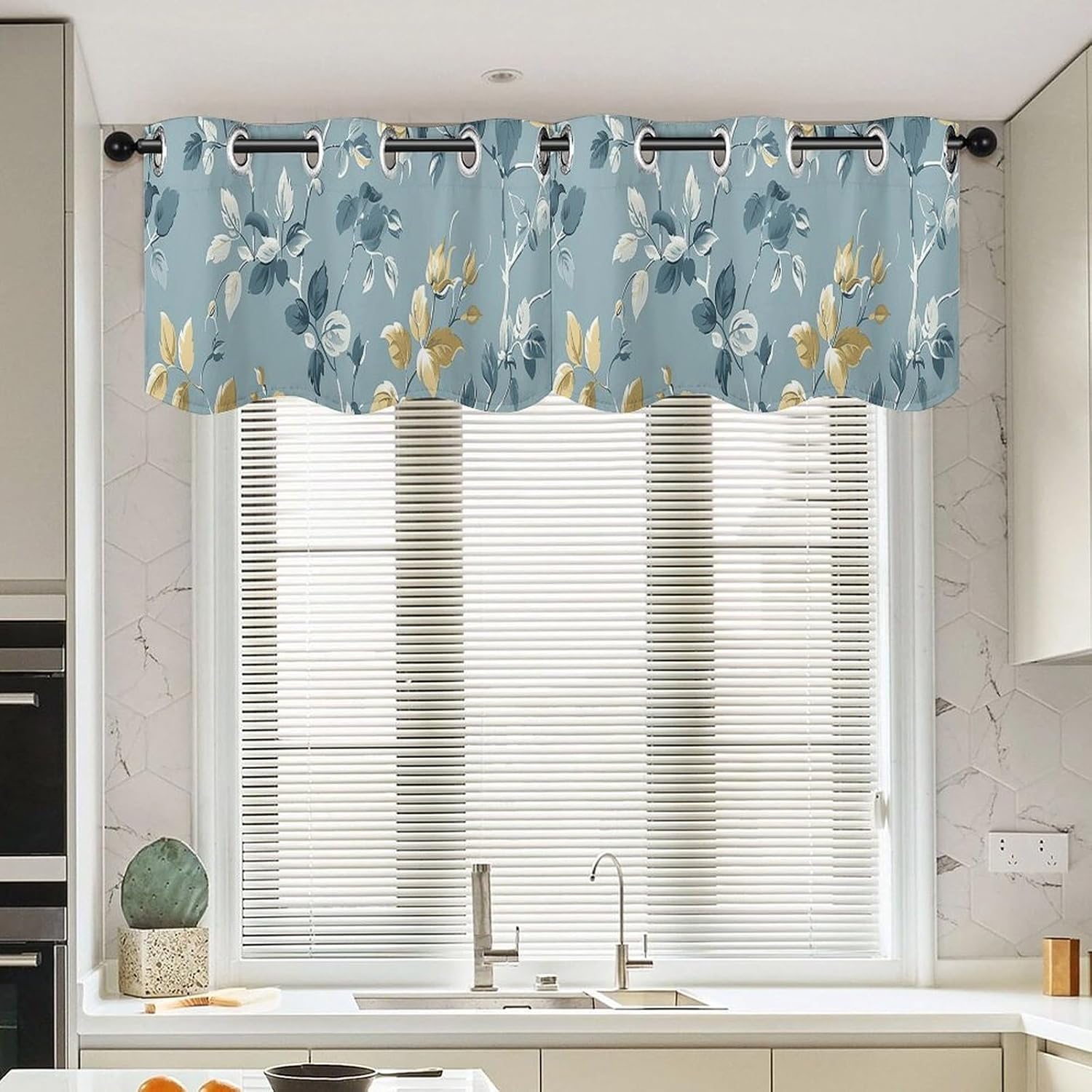 Gray Vine Pattern Valance for Windows, 2 Pack Kitchen Curtains Modern Home Decor, Soft Blackout Window Curtains for Living Room & Bedroom, 18 X 52 Inch