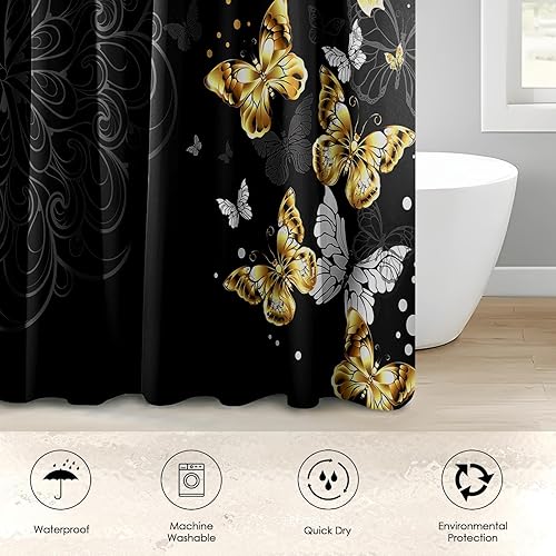 Miniatura 3 de Juego de cortinas de ducha de 4 piezas, diseño de mandala negro, impermeable, accesorios de baño con alfombras antideslizantes, cubierta para tapa