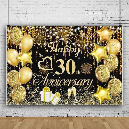 Black and Gold Happy 30 Anniversary Party Backdrops Glitter Happy Anniversaries 